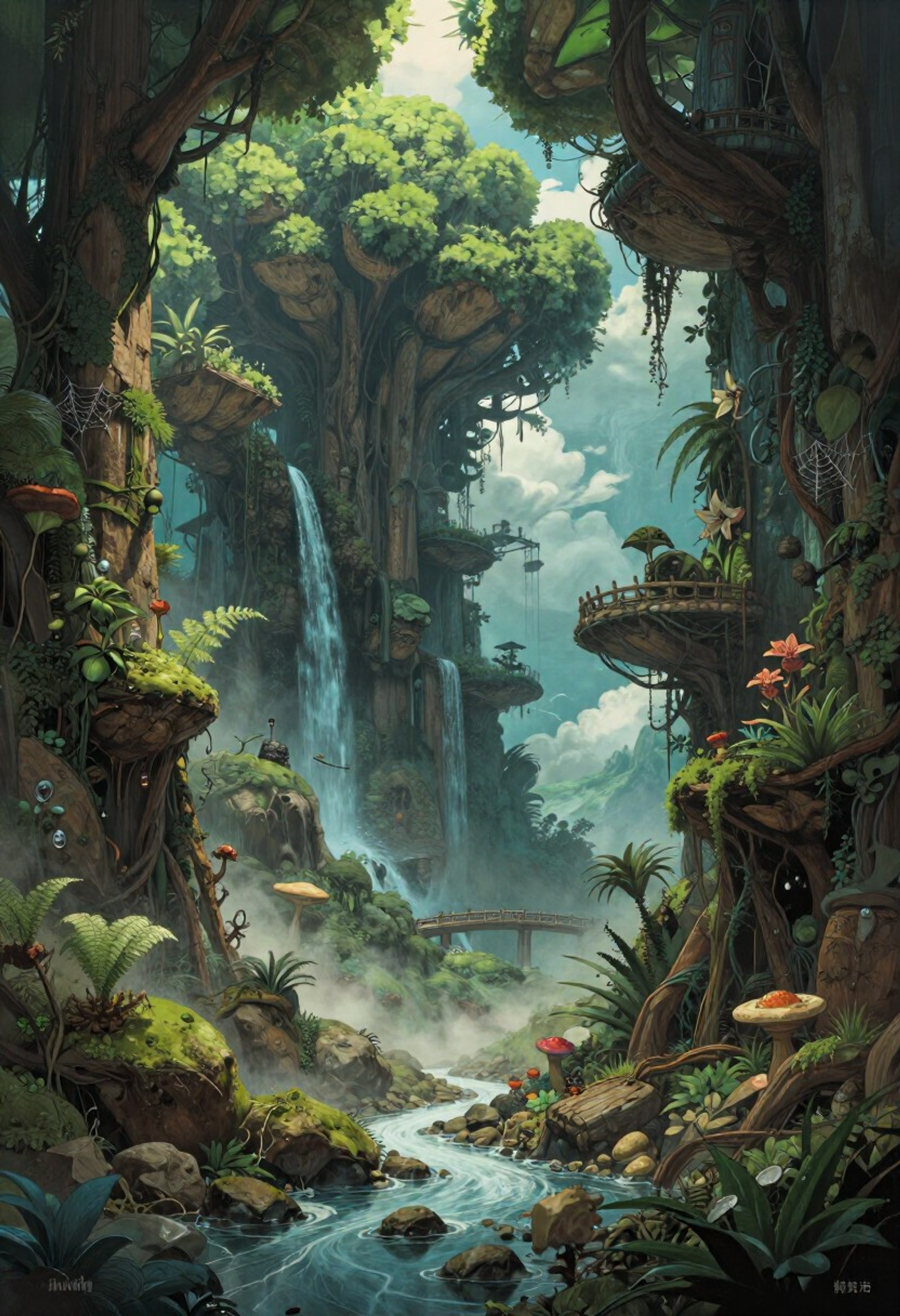 Amivireg art style,  lush, intricate diorama of a hidden micro-world, dense rainforest landscape with towering emerald canopies, (delicate mist swirling between ancient tree roots), cascading waterfalls cascading over moss-covered rocks, tiny bioluminescent fungi glowing softly in the shadows, miniature ferns unfurling near crystal-clear streams, Ghibli-inspired floating islands suspended by vine bridges, (vibrant Pantone colors: deep verdant greens blending into earthy browns and muted azure water tones), sunlight filtering through layered foliage creating dappled patterns, exotic orchids clinging to gnarled branches, hidden pathways woven from living plants, microscopic dewdrops clinging to spiderwebs, a sense of infinite depth within the confined space, hyper-detailed textures of bark and lichen, surreal yet plausible ecosystem