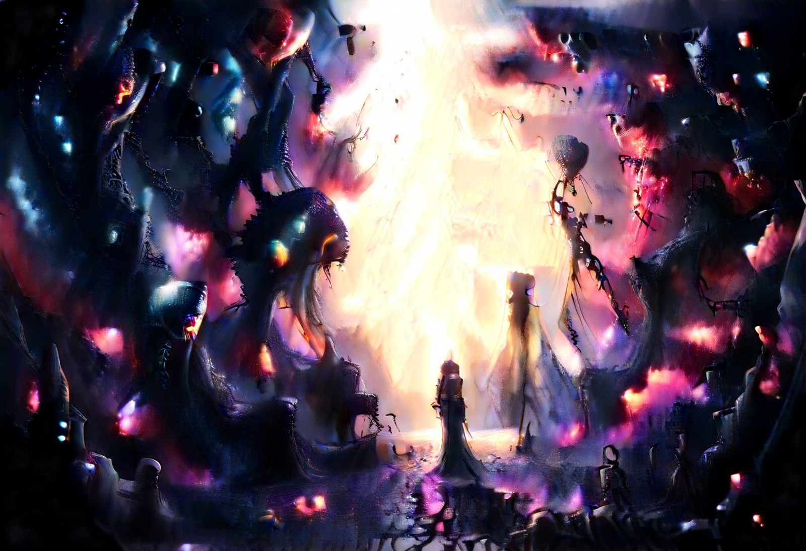 colossal megalithic monolith floating in the infinite void of space, ancient alien stone covered in glowing runes, massive cosmic tentacles slowly wrapping around it, an ethereal  priestess standing barefoot at its base, flowing translucent fabric, backlit by nebula light, dramatic rim lighting, cosmic dust, hyper-detailed textures, dark fantasy, lovecraftian atmosphere, cinematic, 8k, ultra detailed, volumetric lighting
