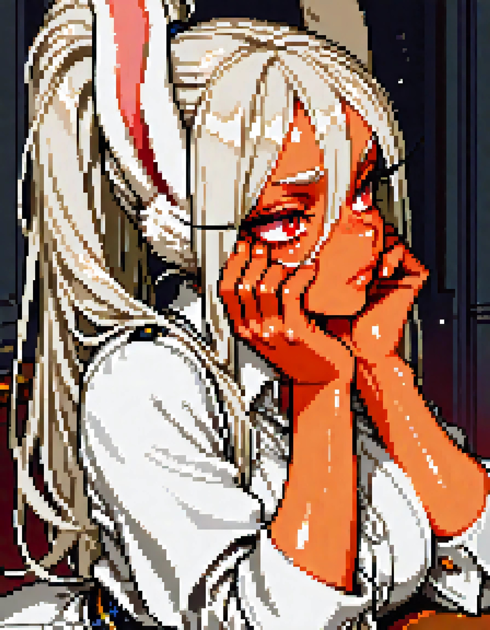 amazing quality,solo,pixo,pixel artBREAKmasterpiece,best quality,very aesthetic,absurdres,Detailed face,detailed background,cinematic,lighting,mirko,boku_no_hero_academia,hair_over_shoulder,hair_between_eyes,ponytail,grey_hair,very_long_hair,closed_mouth,eyelashes,red_eyes,shiny_skin,collared_shirt,animal_ear_fluff,rabbit_girl,large breasts,1girl,thick eyelashes,long eyelashes,white dressBREAKhands on own face  <lora:pixo:1:0.8>