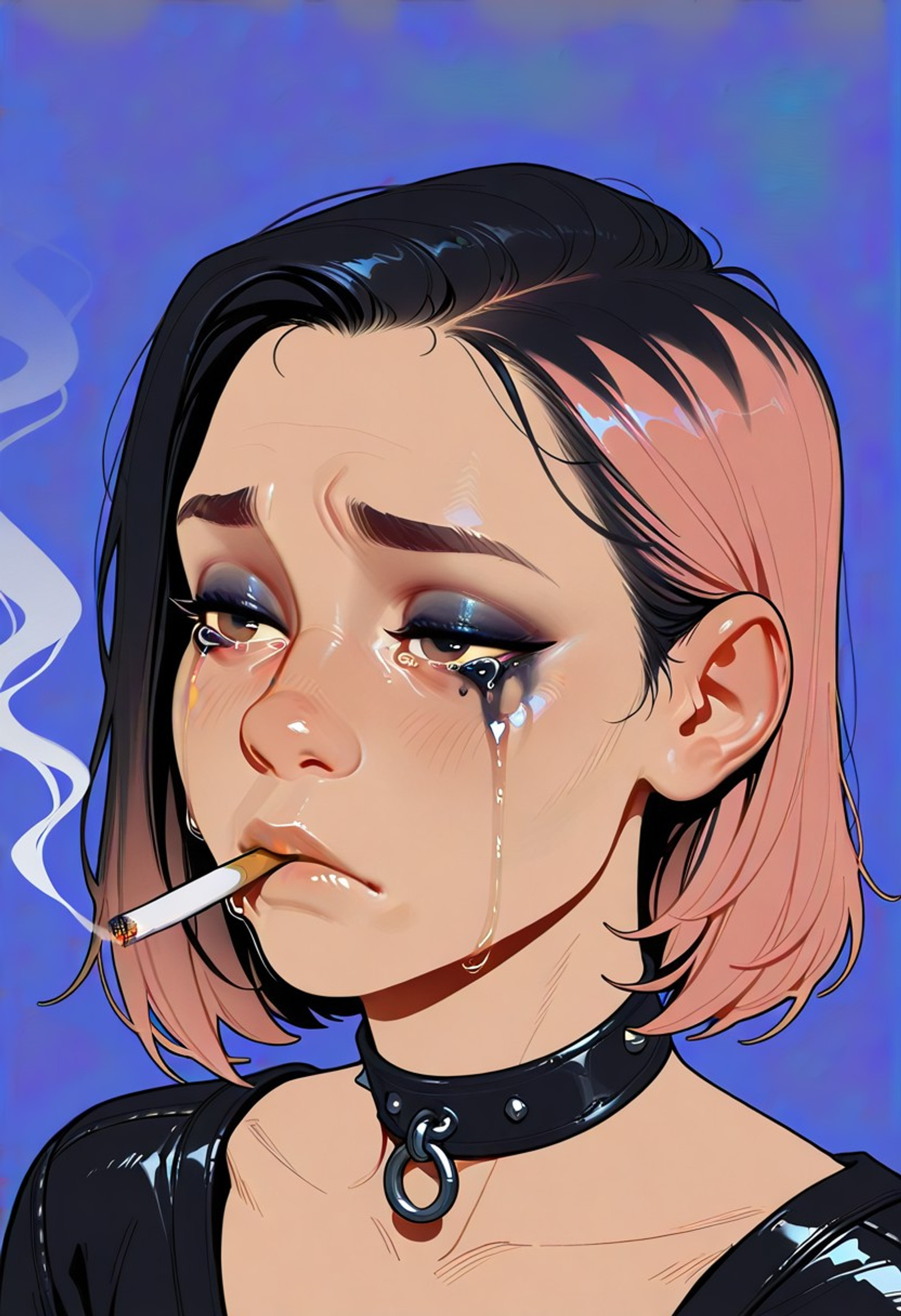 HDR, 8K, masterpiece, best quality, amazing quality, very aesthetic, newest, 
(artist:incase:0.1), (artist:tsuaii:0.1), (realistic:1), (flat colors:2), ((((SFW)))),
1woman, punk, drunk, sad, crying, ruined makeup, smoking cigarette, portrait, closeup, leather choker