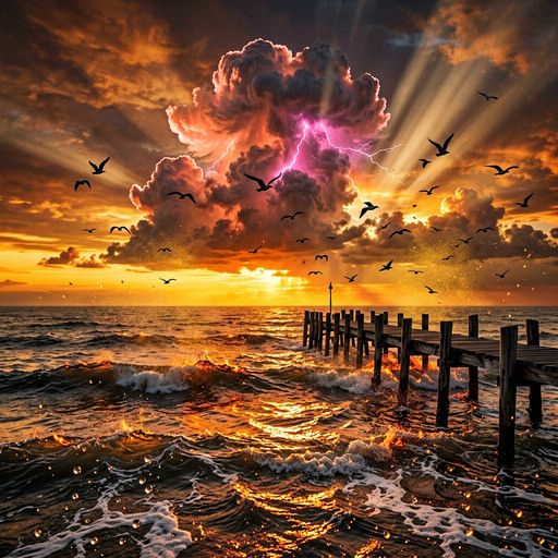 A spectacular sunset over a vast rolling ocean, where the horizon bleeds into molten gold and burning copper. Towering cumulonimbus clouds explode with internal lightning, their edges rimmed with brilliant coral and magenta. The sea transforms into liquid fire, with each wave crest catching ember-like reflections. A weathered wooden pier extends into the water, its silhouette stark against the inferno sky. Seabirds wheel overhead as dark silhouettes. The air thickens with salt spray and golden atmospheric particles. Hyper-detailed water surface shows individual droplets and foam patterns. The mood is both apocalyptic and sublime, capturing nature's raw power. Volumetric god rays pierce through cloud gaps, creating dramatic chiaroscuro. Masterful color grading with deep shadows and luminous highlights, photorealistic rendering.