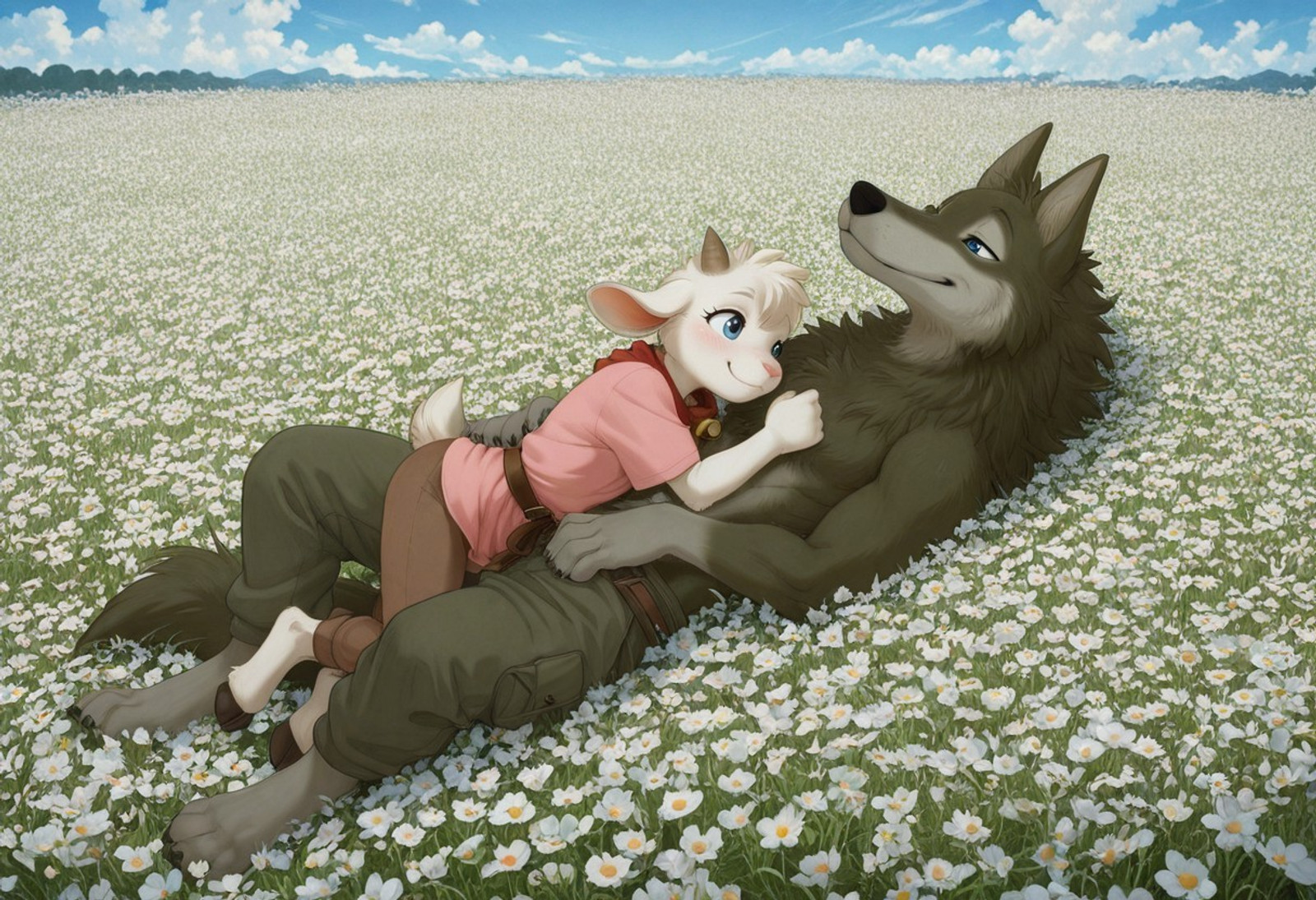male focus, arashi no yoru ni, intelligent eyes, sleek, flower field, field of flowers, clouds, sunny day, cloud shadows, shadows, detailed, realistic volumetric lighting, detailed eyes, realistic background, high quality, perfect resolution, movie shot, absurdres, high quality, masterpiece, best quality, amazing quality, very aesthetic, absurdres, newest, pixelsketcher, AnYnMovieStyle, furry, anthro, anthropomorphic,
BREAK
male, anthro, cute, furry,  gabu, wolf, dark greenish grey fur, two toned fur,  gray wolf, gentle and protective expression,  soft anime-style dark fur, sleek but fluffy fur, upright ears, slightly tousled fur, male, athletic build, anthro, burlap pants, pants, rope belt, lighter arm fur, lighter belly fur, chest fur tuft, wolf tail, giant, lying next to partner, wolf wearing pants, pants on wolf, gabu wearing pants,
BREAK
male, anthro, cute, furry, mei, goat, white wool, white fur, goat tail, small horns, small goat, soft and smiling expression, floppy ears, lean build, anthro, pink tunic, blue eyes, pink nose, bell around goat neck, lying next to partner,
BREAK
duo, couple, sfw, romantic, gay, yaoi, interspecies, interspecies relationship, lying down, laying down together, lying in flower field, cloud gazing, cloud watching, birds eye view, holding hands, relaxed, peaceful, calm, from above view, cuddling, size difference,
