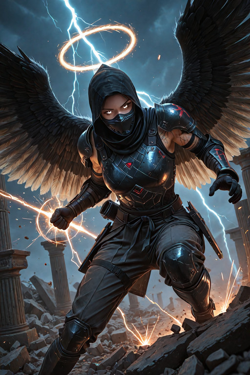Look at Viewer
A cinematic realistic scene in 8K HD, [ethereal angel girl, large radiant wings folded, feathered halo, soft glowing skin, silver eyes, lithe delicate build, fierce combat clash between warriors], ancient ruined temple with crumbling stone pillars and flickering torchlight under stormy night sky,minimalist goth, asymmetrical black silk top, tailored gray trousers, subtle red accents, sleek silhouette, armored ninja gear on muscular forms], chaotic environment with debris flying and energy sparks in air, intense glowing eyes locked in battle, powerful poses with motion blur on strikes, intricate scars and weapon details visible, high detail textures on skin, rubble, and metal, photorealistic rendering, epic composition with depth of field, volumetric lighting from lightning, sharp focus, ultra-detailed, no artifacts, masterpiece quality.