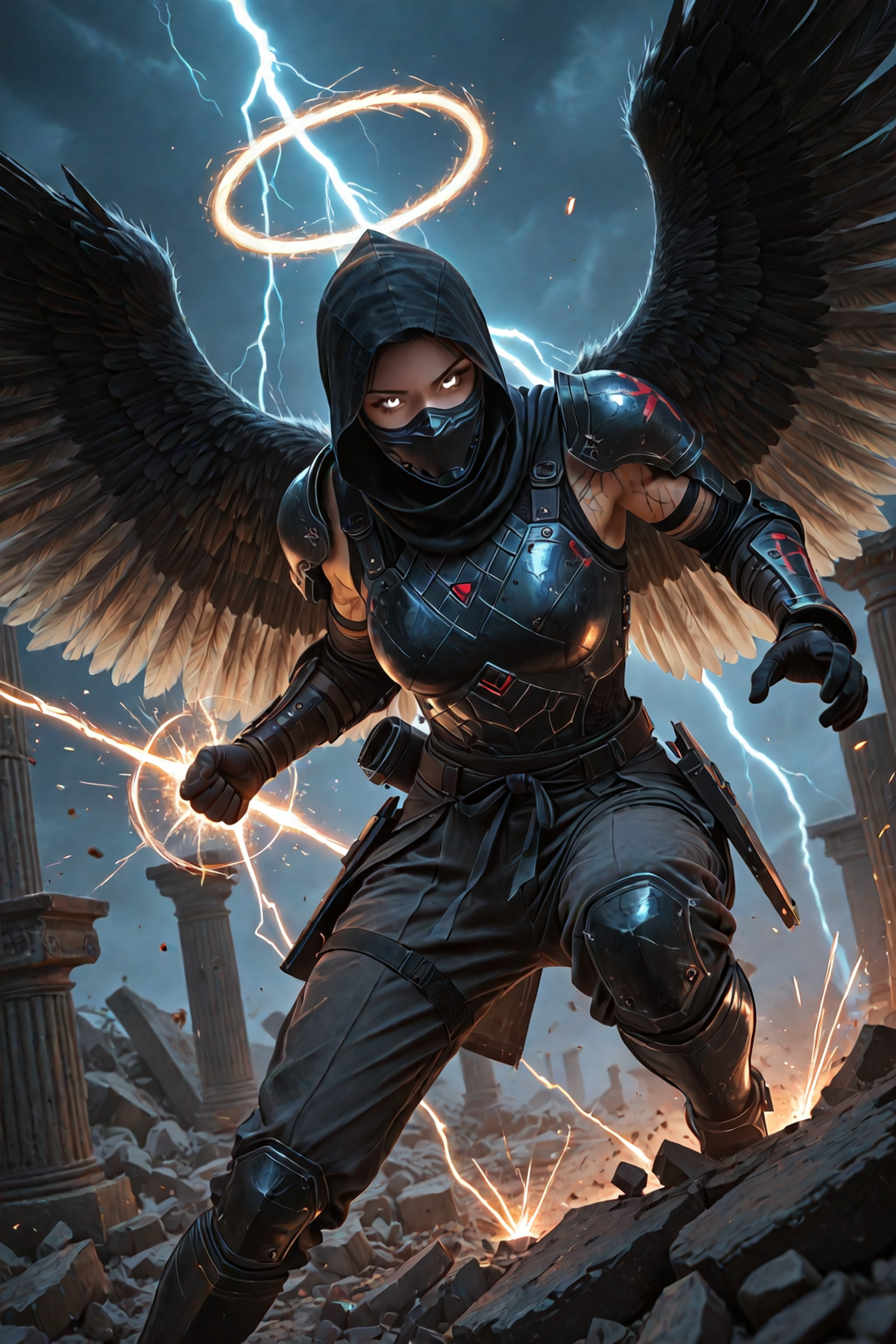 Look at Viewer
A cinematic realistic scene in 8K HD, [ethereal angel girl, large radiant wings folded, feathered halo, soft glowing skin, silver eyes, lithe delicate build, fierce combat clash between warriors], ancient ruined temple with crumbling stone pillars and flickering torchlight under stormy night sky,minimalist goth, asymmetrical black silk top, tailored gray trousers, subtle red accents, sleek silhouette, armored ninja gear on muscular forms], chaotic environment with debris flying and energy sparks in air, intense glowing eyes locked in battle, powerful poses with motion blur on strikes, intricate scars and weapon details visible, high detail textures on skin, rubble, and metal, photorealistic rendering, epic composition with depth of field, volumetric lighting from lightning, sharp focus, ultra-detailed, no artifacts, masterpiece quality.