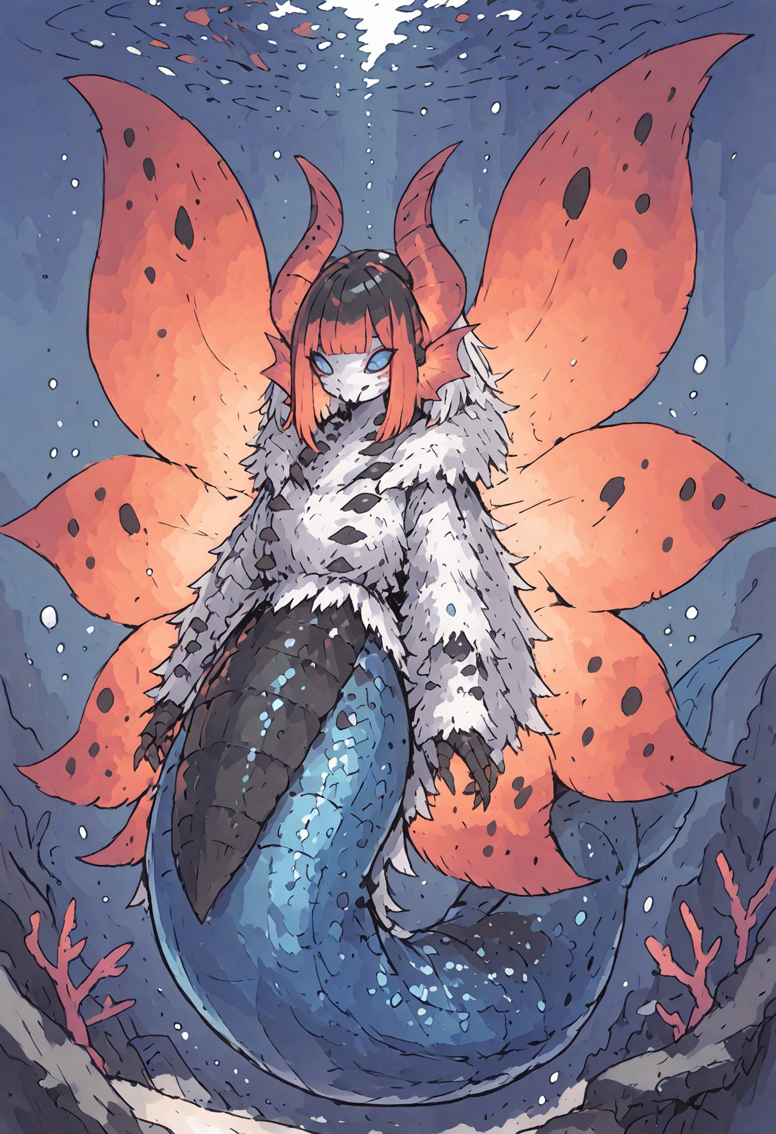volcarona_(cosplay) , angler fish mermaid, monster girl, fins, underwater, sharp teeth, head fins, glowing , Gecko Girl, reptile, claws, slit eyes, fur trim ,moth_antennae , blue eyes , flying  , large wings , monster , monster focus , moth , white fur , wings , scales, thick tail, bangs, axolotl girl, colored skin, monster girl , scales, thick tail, bangs, horns ,submerged, colored skin,
masterpiece, best quality ,amazing quality ,S4bit4mago_illu , xxx667_illu ,Protoneon  , ma1ma1helmes_b_illu,IPS,