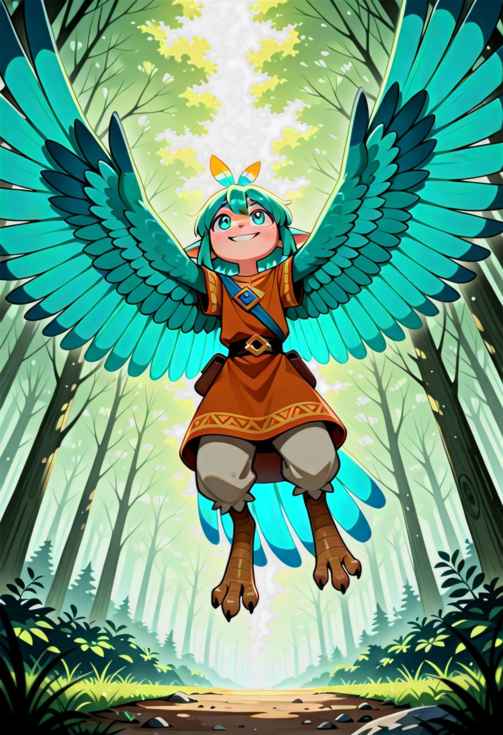 Harpy female, green and blue feathers, long feathers, huge wings, long bird-like tail made of feathers, feather fingers, (talons), in a forest, one foot behind, defined, saturation, bold lines, thin waist, abstract feathers, beautiful, (tunic), clothes, smile, parted lips, small nose, from below, in midair, bent midsection, outstretched talons, IllustriousQual