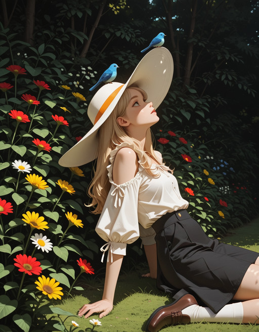 absurdres, 1girl, solo, blonde hair, long hair, large hat, white hat, white blouse, puffy sleeves, shoulder cutout, black skirt, shirt tucked in, socks, shoes, sitting, from side, reclining, looking up, arm support, wide shot, outdoors, grass, garden, flowers, red flower, daisy, yellow flower, blue bird on hat, dappled sunlight, girl focus, cowboy shot, <lora:dmd2_sdxl_4step_lora:1>