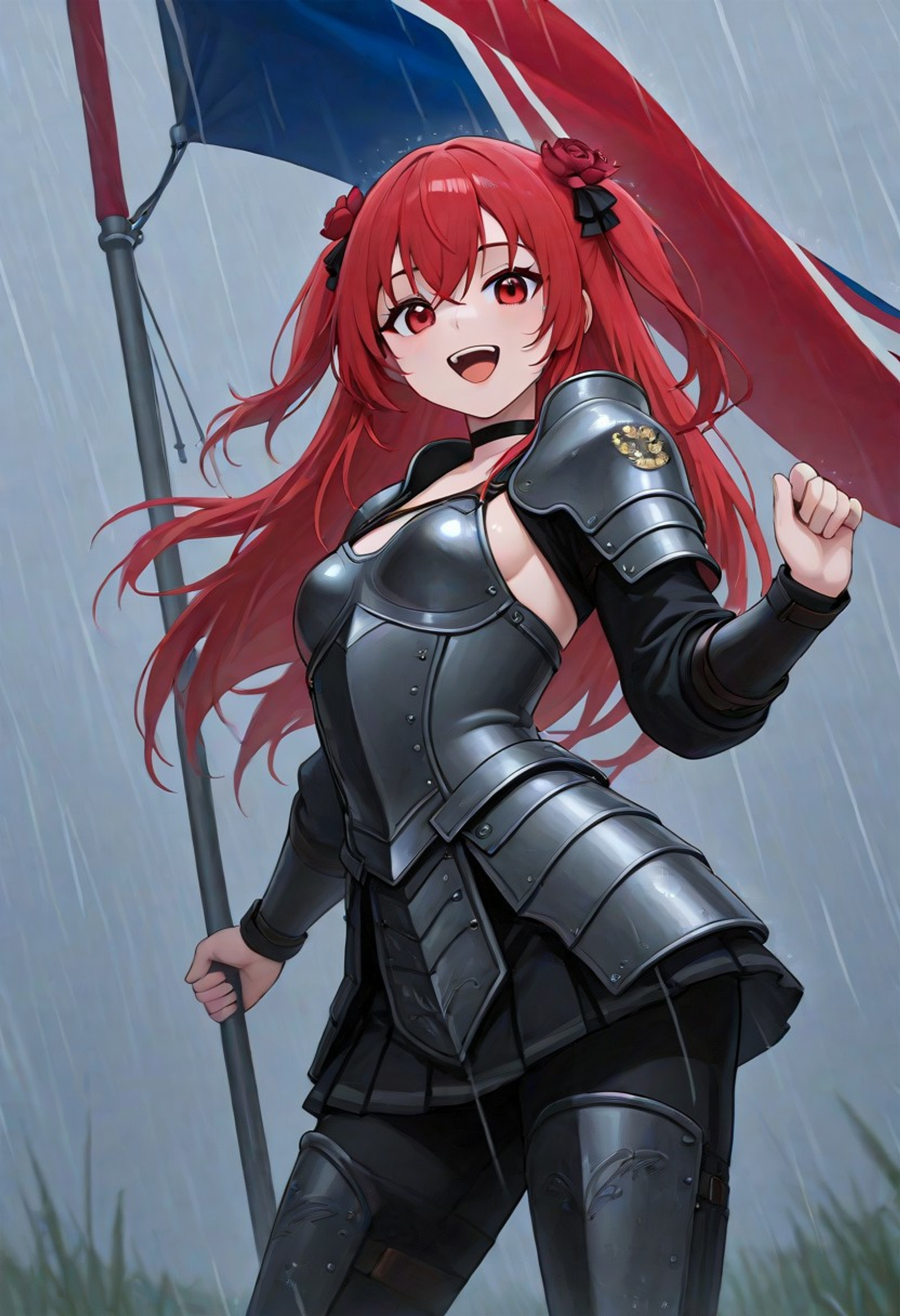 Detailed, 1girl, small breast, looking at viewer, (from_side:0.6), ((contrapposto)), plains, clowdy, rain, ((((happy)))), (open mouth), (dynamic pose), ((((british flag on flagpole)))), black choker, (british armor), armor, boob window
amelia_cnr,  red hair, long hair, two side up, hair between eyes,hair flower, red eyes