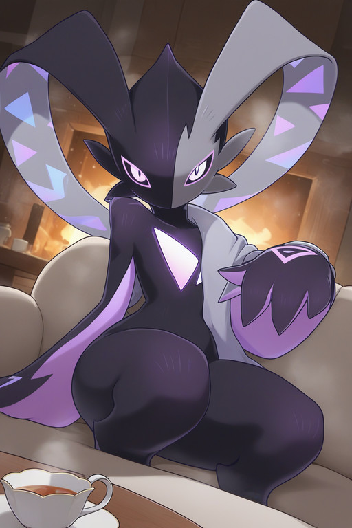 luoyunxintu,1boy, solo, anthro, rabbit, black body, purple markings, purple inner arms, purple palms, purple tail, asymmetrical ears, long ears, one gray ear, gray patch around eye, connected ear and eye marking, purple eyes, sharp eyes, small body, chibi,Triangular Spot,sitting deeply on large warm sofa, body sunk into sofa, leaning back slightly, blanket draped over shoulders and legs, fireplace beside casting warm light, intimate gaze toward viewer, steaming teacup on side table, cozy indoor scene, soft warm lighting, private intimate mood, close comfortable composition, steaming body, looking at viewer,reaching one hand toward viewer,dutch angle