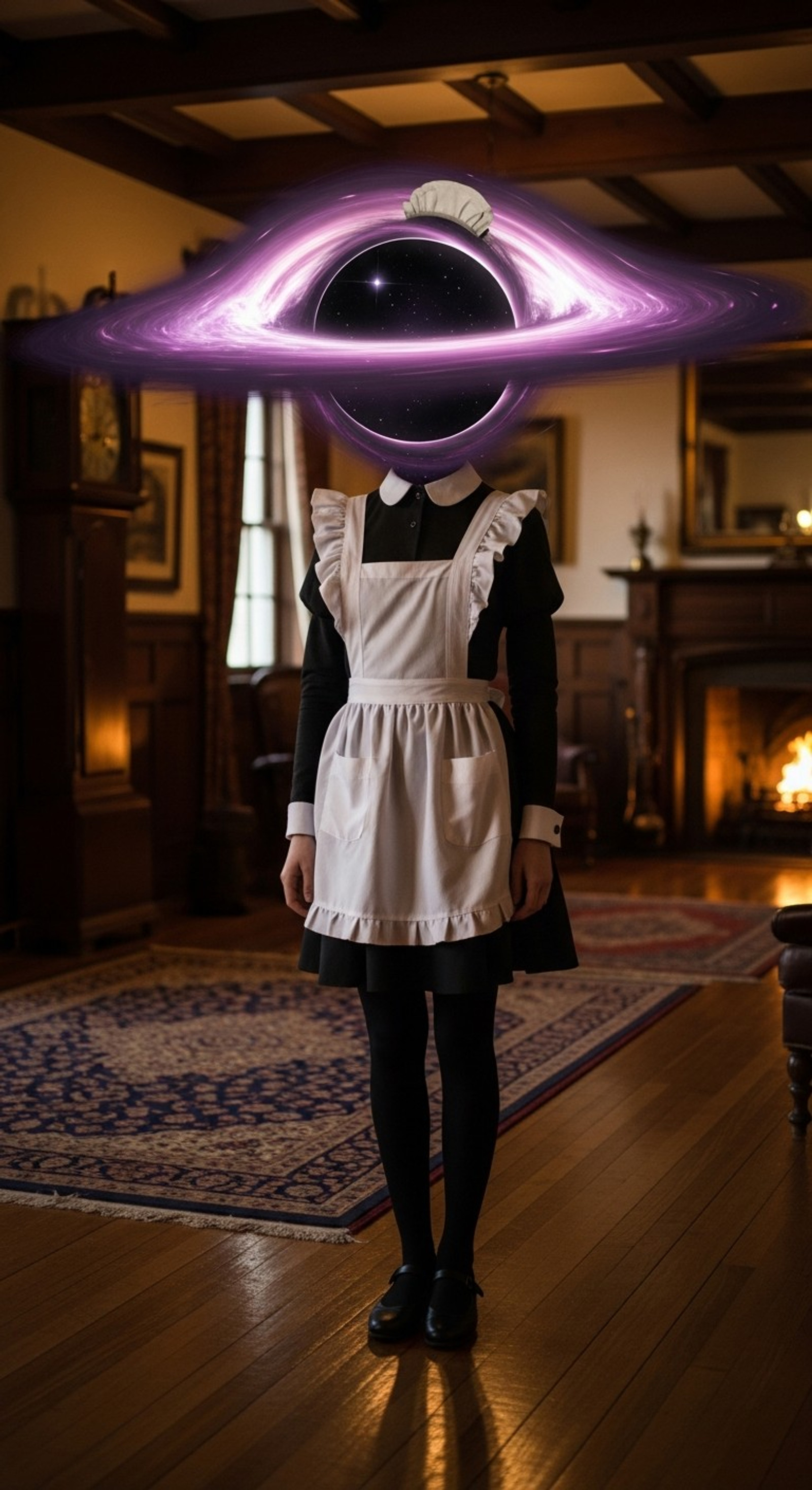 Photo of a skinny girl with a black hole instead of her head. She is wearing maid outhit. She stands on the floor in the hall of a cosy hall. Professional photo. Space