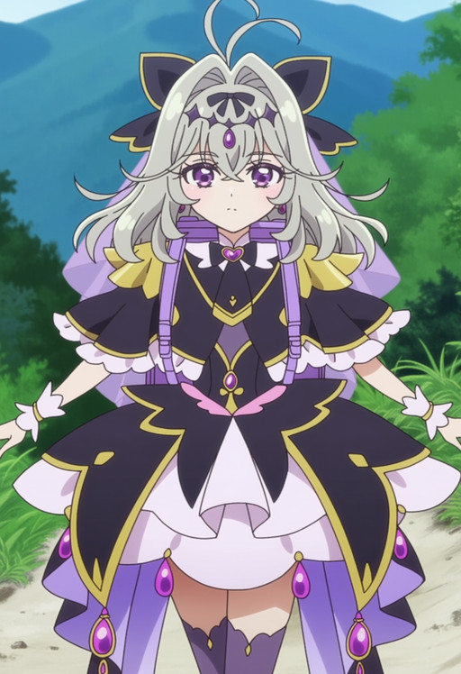 masterpiece, best quality, score_7, amazing quality,, cowboy shot, solo, looking at viewer, , <lora:moria-luluka-anime-anima-lora-nochekaiser:1>, moria luluka, long hair, hair between eyes, purple eyes, grey hair, hair bow, medium hair, hair intakes, black hairband, antenna hair, anime screencap, dress, frills, black dress, wrist cuffs, ascot, black bow, capelet, magical girl, veil, epaulettes, black capelet, villain pose, mountain trail, nature, backpack,