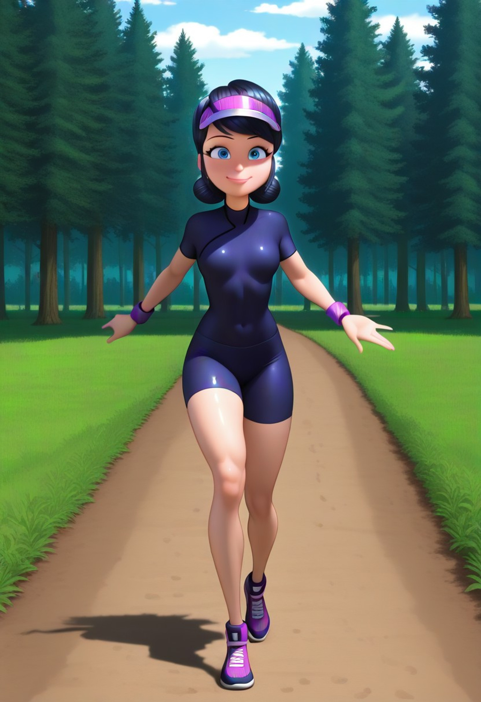 3d cartoon,  4K, High definition, best quality, expressive eyes, ,perfect face,toned female ,from head to toe , revealing legs, bare shoulders, facing the viewer, solo,  ,anime screenshots,closed mouth smile, - enigmatic face,  dynamic pose, play pose - Marinette Dupain-Cheng, black hair, hair bun, double bun, blue eyes, medium hair, loose hair, hair down,((((
woman in dynamic running pose mid-stride on forest path, one leg forward bent at knee, other leg extended back, arms pumping rhythmically with elbows bent, wearing tight green athletic bodysuit with short sleeves and high-cut legs hugging body, dark blue shorts overlay on lower half, purple wristbands on both arms, purple visor cap with curved brim, background wooded trail through pine forest, green grass and dirt path, distant rolling hills and blue sky with light clouds, bright daylight filtering through trees casting dappled shadows on ground and clothing