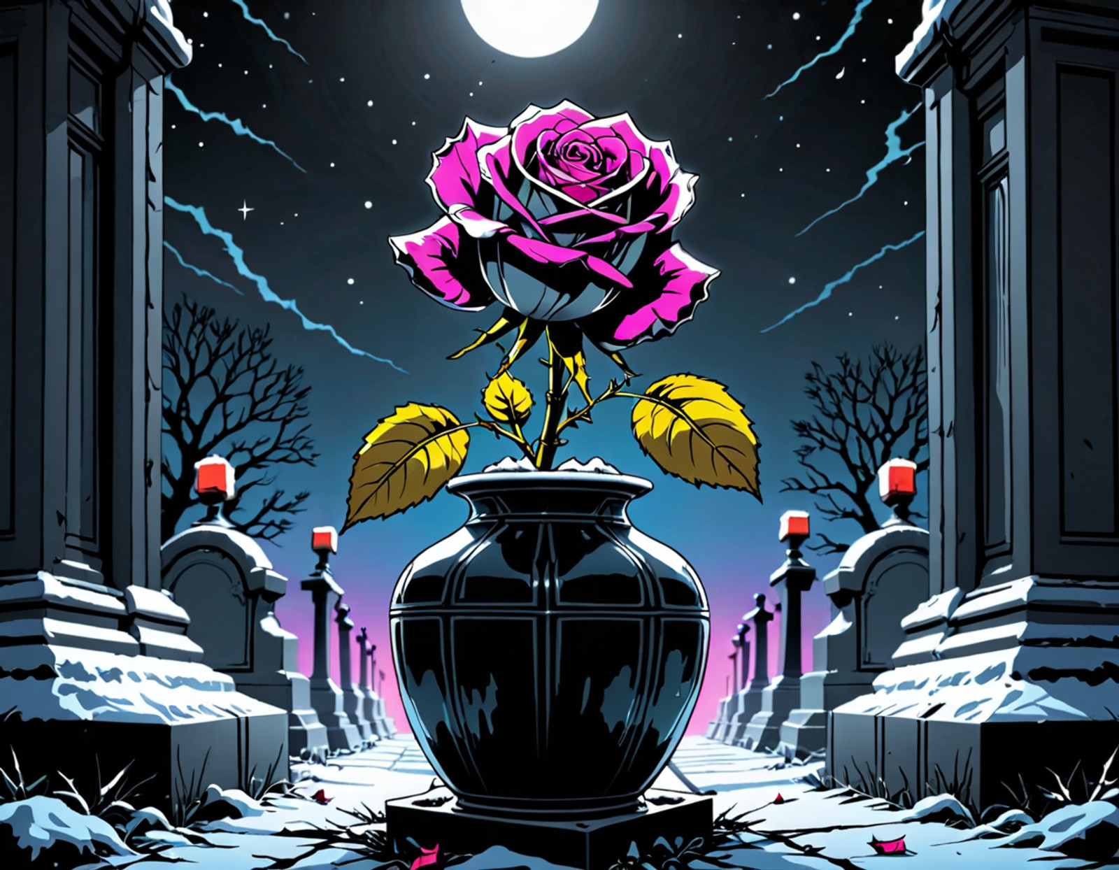 a withering rose in a vase on a grave on a cold winter night, looking up, black and white photography, artisitic, award winning photo, post modern,, emotional, harmonious,, masterpiece, 8k, ultra high res, ultra high detail, best quality, ultra detailed, realistic, highly detailed, trending artstation, award winning GTA-style illustration, comic book art style, high contrast, dramatic shadows, cinematic lighting, comic book shading, bold outlines, vibrant colors, stylized, urban, poster art, Rockstar Games aesthetic,
