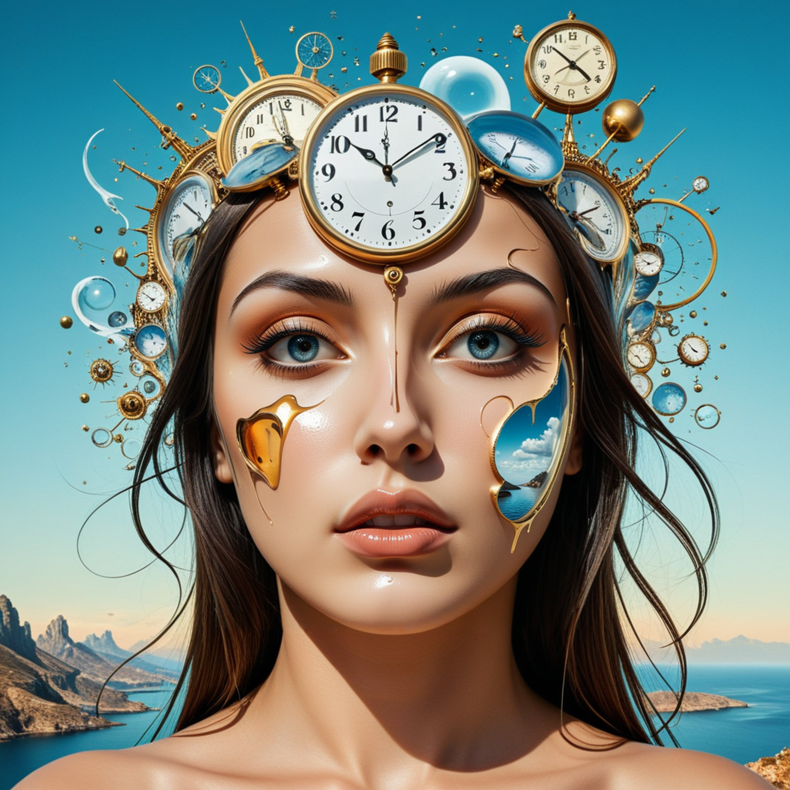 a surreal female portrait with abstract elements inspired by Salvador Dal's style, incorporating melting clocks and distorted 
perspectives, where the woman's features blend seamlessly with dreamlike landscapes , <lora:add-detail-xl:1> <lora:xl_more_art-full_v1:0.5>, aidmaImageUpgrader ,<lora:clear:1>,  <lora:aidmaImageUpgraderSDXL-v0.3:1>