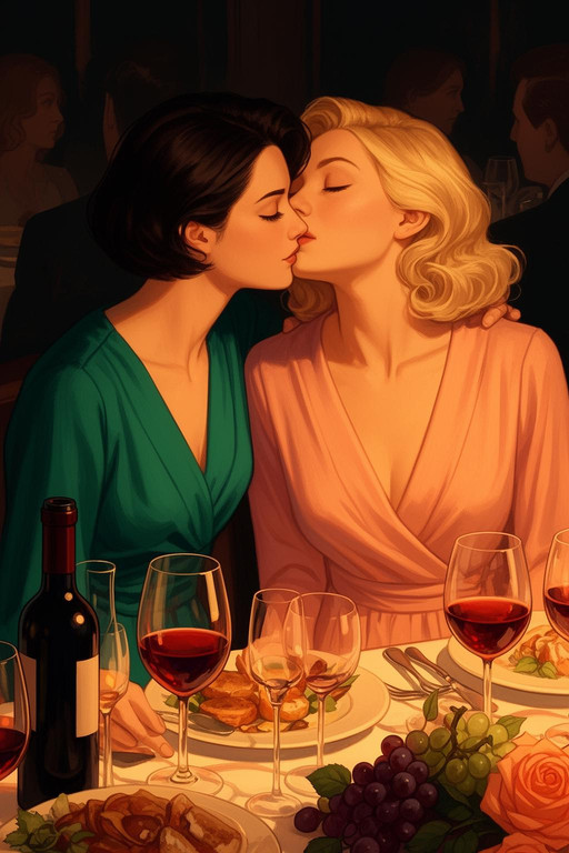 Medium shot of two elegant women in an intimate moment at a dinner table. On the left is a woman, her face shown in side-profile, with short dark hair in a teal wrap dress leans her cheek against the shoulder of a woman on the right, with blonde, wavy hair who tilts her head back with eyes closed. The blonde woman wears a soft pink wrap dress. A cluttered table in the foreground features multiple wine glasses filled with red liquid, a dark wine bottle, plates of food, grapes, and roses. The illustration style uses smooth, painterly brushwork and high-contrast lighting that casts a warm, golden glow across the subjects, creating deep, dramatic shadows. Blurred figures of other diners populate the dark background. The composition focuses on the close physical connection between the women, conveying a romantic and peaceful mood through a palette of peach, orange, and deep green.<lora:TA-2026-04-09-17-53-21-Mediumshot-420:0>