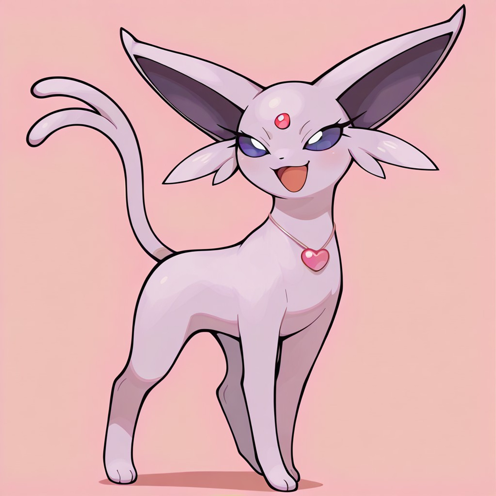 espeon, pokemon (creature), lavender fur, quadruped, purple eyes, simple eyes, red orb on forehead, forked tail
female, girly, (((long eyelashes))), very feminine
full body, solo, (((wearing pink heart necklace))), front view, (((smug))), long eyelashes,  (((tough))), girly, standing confidently, solo, happy, smiling, smirk, (((light pink background))), (standing), full body view, open eyes, open mouth, pokemon_style, flirty
masterpiece, best quality, amazing quality,  score_9, score_8, score_7, no humans, 8k, best quality, amazing quality, (((safe_pos)))