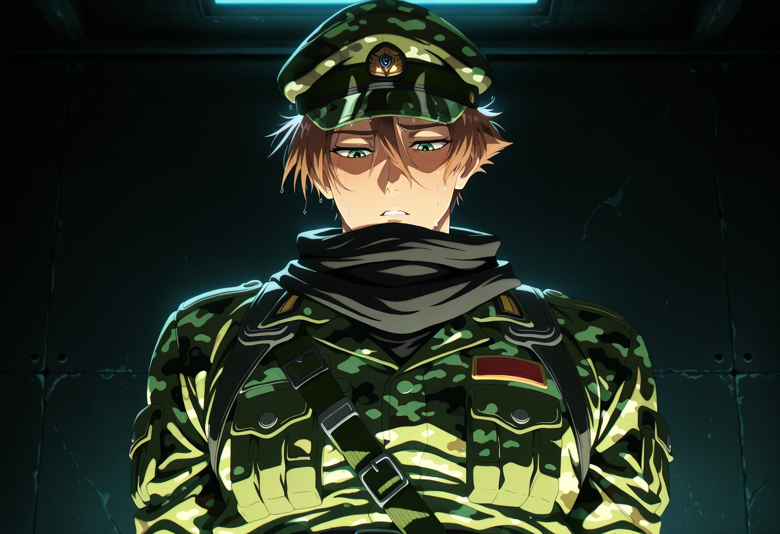 absurdes, amazing quality, best quality, masterpiece, newest, source anime, anime screencap, anime coloring, S3N@Y34I, 1boy, solo,

close-up, 

(Brown hair, very short hair, bangs between eyes), green eyes, (muscular body, broad body),

(green camouflage cadet cap), badges, (black scarf, scarf over mouth), (green camouflage uniform, black shoulder-pads, Sma Browne belt, long-sleeves),



aroused facial expression, looking down, (parted lips), sweat, sweating profusely, very hot, leaning back,

Wall, black background, dark, (light_from_below), dramatic lighting, underlighting,