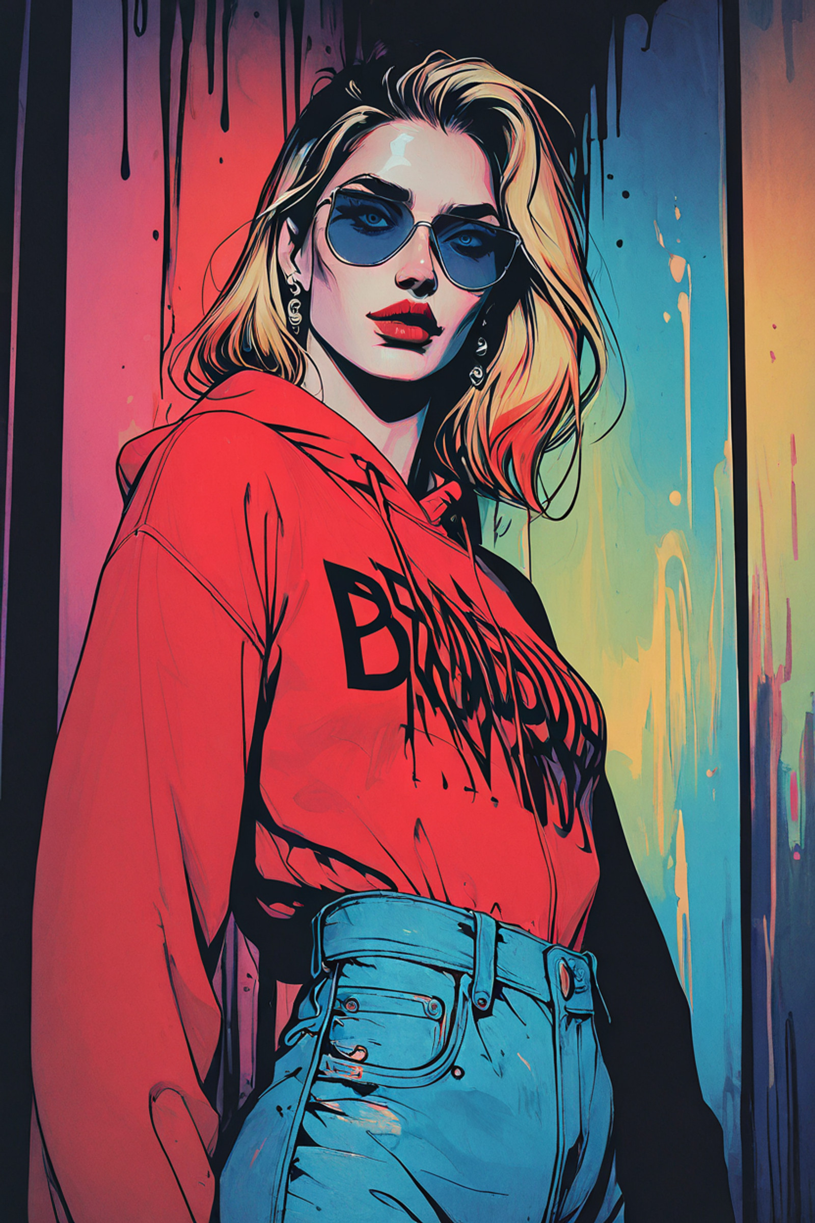 masterpiece,best quality,amazing quality,very aesthetic,absurdres,newest,detailed eyes, realistic body, retro, realistic, low angle, dutch angle, high fashion, cowboy shot, from side, ink art,
1girl, solo, face, pretty, blue eyes, 24 yo, seductive, portrait, looking at viewer, delicate facial features, blue and red colors, strikingly beautiful, teasing expression,
face focus, upper body view, dynamic angle, blue sunglasses, lowered sunglasses, vaporwave,  black hair, blond hair, medium length hair, eyeliner, mascara, light eye makeup, red lips, earrings 
punk fashion, hoodie, jacket, jeans,
halftone background, geometric background, cowboy shot, high contrast, dramatic lighting, hard shadows, colorful,
 <lora:OmniReal:0.55> <lora:Laaura_style:0.5> <lora:GTHAN-IL:0.7> <lora:fashiongirl-v1-ILXL:0.9>