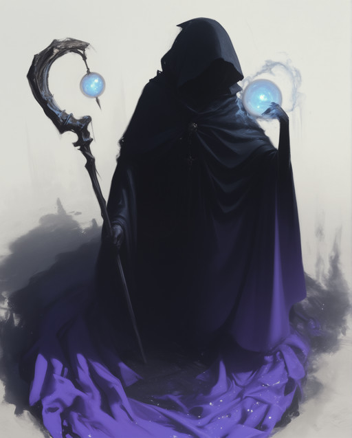 A digital illustration shoot from a full body camera angle about a mysterious figure with a ghostly appearance, shrouded in a flowing blue and purple cloak, holding a glowing orb in one hand and a staff in the other. the figure stands in the middle of the image, with its full body visible, wearing a black cloak with blue accents and a white blouse underneath. the cloak is draped elegantly around the figure's body, and the figure has a mysterious, ethereal aura emanating from it, with swirling blue and green smoke surrounding it. the background is a simple gradient of light grey, providing a subtle contrast to the dark figure and the vibrant colors of the cloak and staff.,SOLO
,,,,