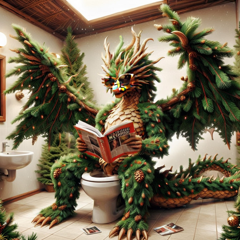 fir needles, bone fir needles Dragon, A massive humanoid dragon made of fir needles sitting on a toilet, has a