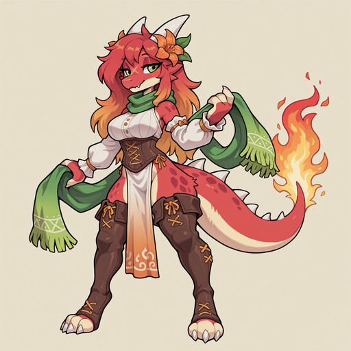 b_k_c, (kobold), white horns, furry female, Chimi(primary), Azoomer, 1girl, older female, solo, short hair, green eyes, tail, fangs, cutie fangs, white claws, white spikes, white spines, white fur, red fur,, two-tone fur, 4 fingers, 3 toes, half lidded eyes, red eyelids, spotted body, X scar on face, long) gradient hair,  (((Long hair))), red to orange gradient hair, large breasts, orange lily in hair, flower in hair  flame tipped tail

BREAK 

adventurer outfit,  , embroidered detached white sleeves,  embroidered fashionable  clothing, long green scarf, free flowing scarf at the back, toeless leather thigh boot, green  to yellow gradient pelvic curtain, leather corset, 
BREAK
waspsalad