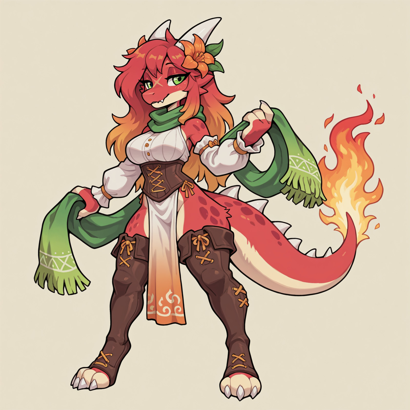 b_k_c, (kobold), white horns, furry female, Chimi(primary), Azoomer, 1girl, older female, solo, short hair, green eyes, tail, fangs, cutie fangs, white claws, white spikes, white spines, white fur, red fur,, two-tone fur, 4 fingers, 3 toes, half lidded eyes, red eyelids, spotted body, X scar on face, long) gradient hair,  (((Long hair))), red to orange gradient hair, large breasts, orange lily in hair, flower in hair  flame tipped tail

BREAK 

adventurer outfit,  , embroidered detached white sleeves,  embroidered fashionable  clothing, long green scarf, free flowing scarf at the back, toeless leather thigh boot, green  to yellow gradient pelvic curtain, leather corset, 
BREAK
waspsalad