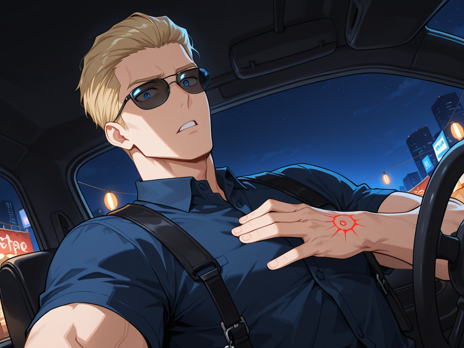 source_anime, absolutely gorgeous, ray tracing, interesting, exciting, spectacular, wonderful, amazing quality, absolutely eye-catching, very awa, lazypos1, (Sharp:1.5), (rendered:1.3),
BREAK best aesthetic, absurdres, anime illustration, Volumetric_Lighting, ultra-detailed, very aesthetic, intricate details, best_quality, anime style, Dramatic Lighting, perfect composition, dynamic lighting, vibrant colors, sharp lines, soft anime shading, smooth soft shadows, gradual shadow transitions, gentle gradients on skin and clothes, blended shading, soft diffuse shadows, airbrushed shadows, subtle soft highlights and shadows, (soft shading:1.35), (smooth gradients:1.3), volumetric soft lighting, cinematic soft shadows,
BREAK (((hand on another's chest))), dynamic pose, F4st,
BREAK Adult male, MiddleAged male, 45 years old male, male focus, (((<lora:albertwesker-guy-PONYv1:0.8>, albertwesker, 1boy, toned, athletic, fit, mature male))), glistening skin, perfection style, perfection, five fingers,
BREAK (((wearing valet, in uniform with car keys))), ((sunglasses:1.3)),
BREAK ((slicked back hair, (short hair:1.7), blonde)),
BREAK ((angular face, sharp_featured face, handsome, charming, alluring)), (piercing glare, blue eyes:1.1), (sharp iris details), intricate iris detail, expressive eyes, perfect eyes, eyes hd, detailed eyes, pair of eyes, iris lines, double catchlights,
BREAK (((m4zoh))), Expressive, emotional, Face Detailed,
BREAK (((set in Bustling Indonesian night market with street food vendors and live music))), (((Eye-level angle, far from viewer))), dynamic angle, 4k, 8k, Ultra HD, Masterpiece, Best quality, Detailed background, foreshortening, extreme perspective,