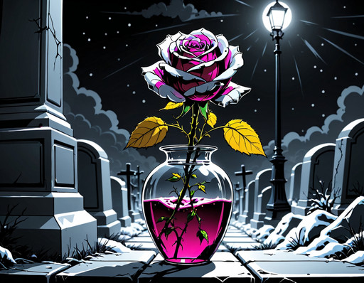 a withering rose in a vase on a grave on a cold winter night, looking up, black and white photography, artisitic, award winning photo, post modern,, emotional, harmonious,, masterpiece, 8k, ultra high res, ultra high detail, best quality, ultra detailed, realistic, highly detailed, trending artstation, award winning GTA-style illustration, comic book art style, high contrast, dramatic shadows, cinematic lighting, comic book shading, bold outlines, vibrant colors, stylized, urban, poster art, Rockstar Games aesthetic,