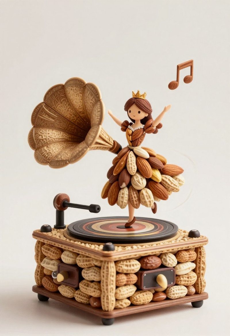 Miniature gramophone musical box entirely constructed from arranged miniature peanuts, (gramophone body, horn,
