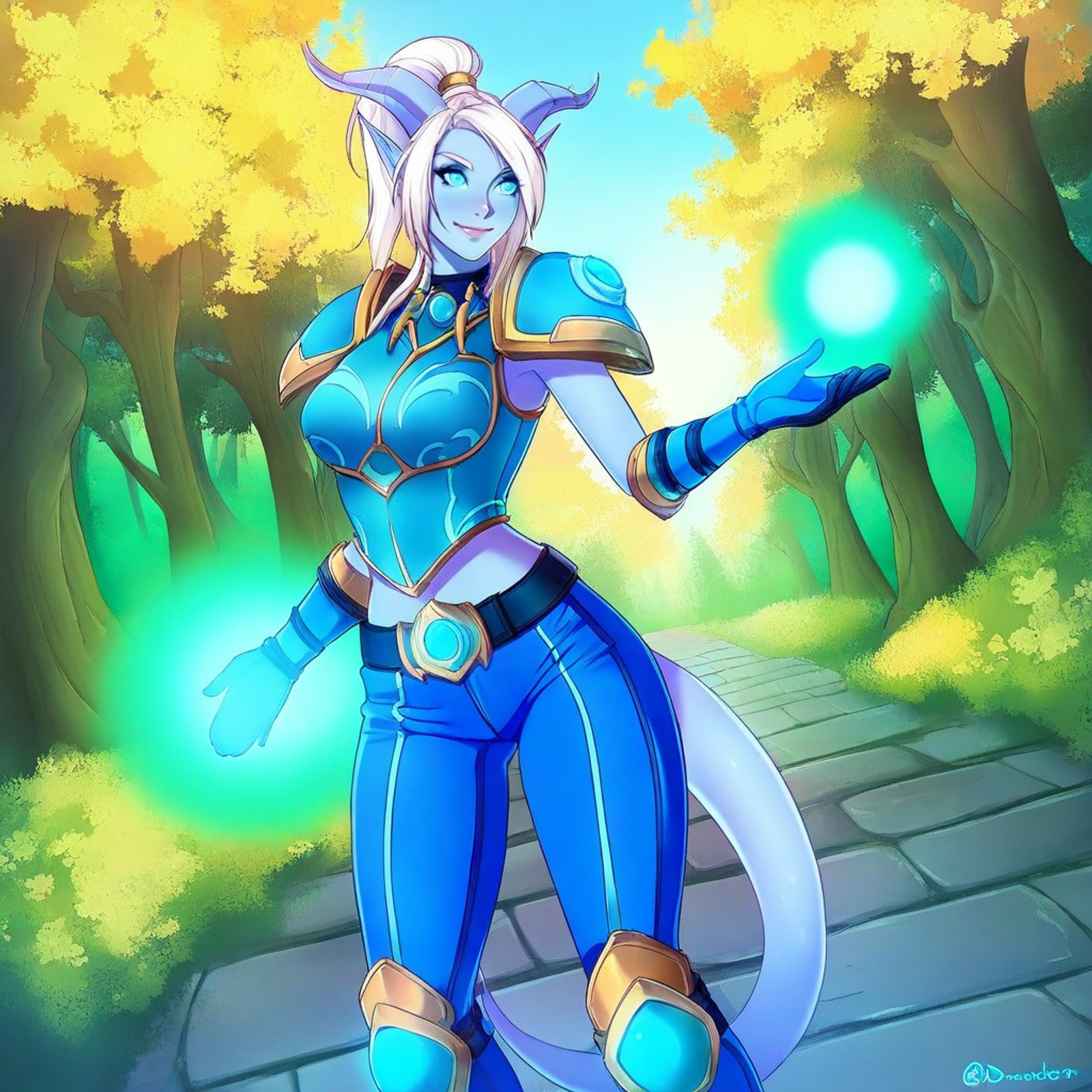 masterpiece, high quality, 1female, solo, mature, highly detailed, World of Warcraft, WoW, draenei, drnei, blue skin, blue eyes, white hair, long ponytail, pointy ears, horns, tail, shoulderpads, blue leather vest, blue leather gloves, blue leather pants, beautiful face, smiling, standing, casting green spell, day, forest, front view, details