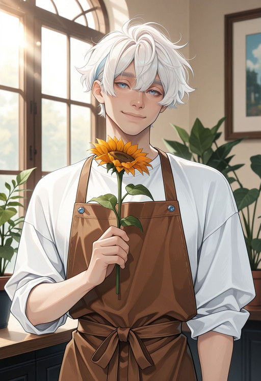 very awa, masterpiece, best quality, absurdres, newest, perfect quality, detailed background, intricate details, solo,
<lora:OCTh3od0r3:1.0>
OCTh3od0r3, 1boy, male Focus, short hair, White hair, blue streaks, blue eyes, 
flower, solo, brown apron, holding, holding flower, shirt, white shirt, looking at viewer, apron, plant, orange flower, upper body, smile, indoors, sunflower, window, potted plant, sunlight, t-shirt, blurry background