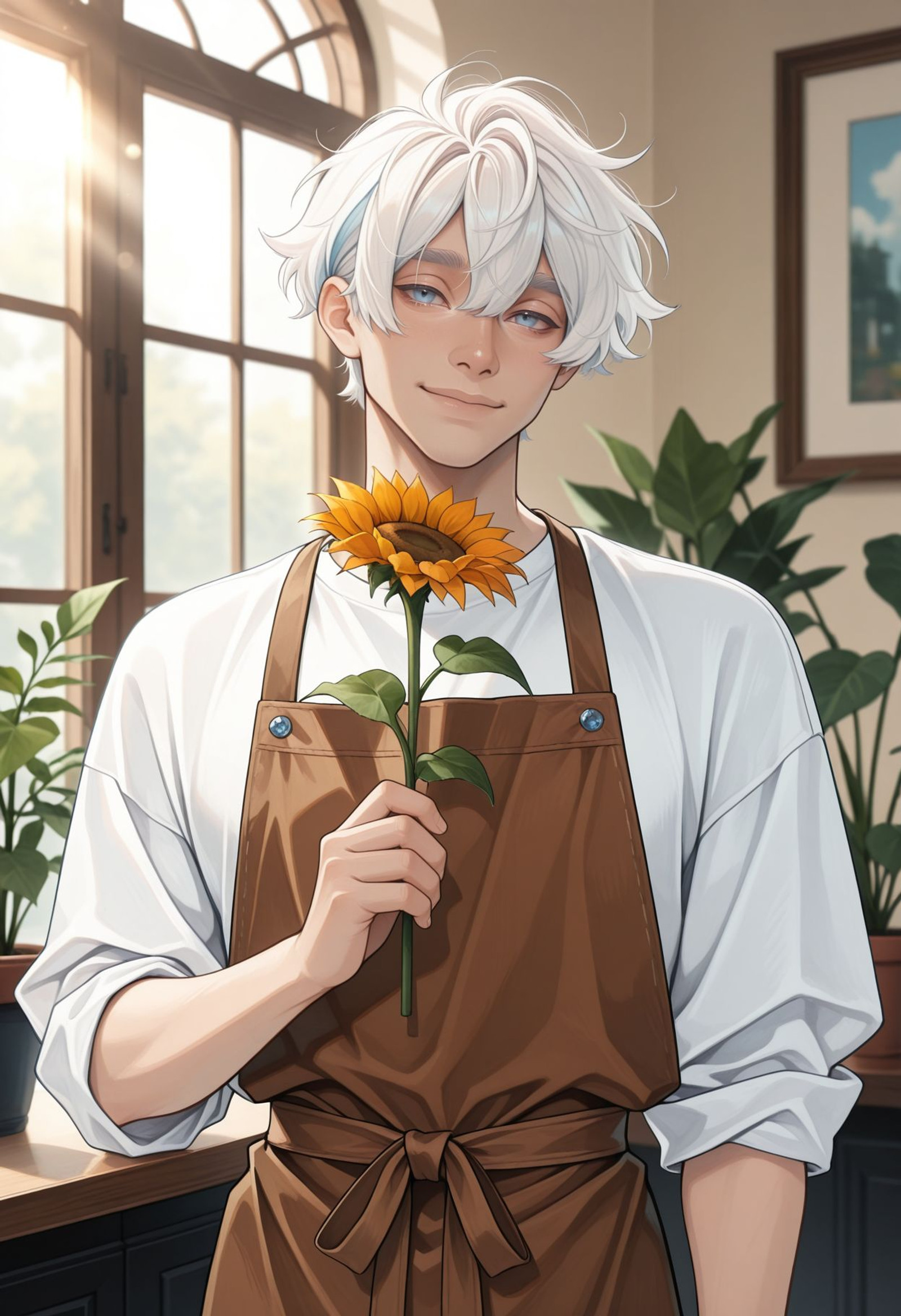 very awa, masterpiece, best quality, absurdres, newest, perfect quality, detailed background, intricate details, solo,
<lora:OCTh3od0r3:1.0>
OCTh3od0r3, 1boy, male Focus, short hair, White hair, blue streaks, blue eyes, 
flower, solo, brown apron, holding, holding flower, shirt, white shirt, looking at viewer, apron, plant, orange flower, upper body, smile, indoors, sunflower, window, potted plant, sunlight, t-shirt, blurry background