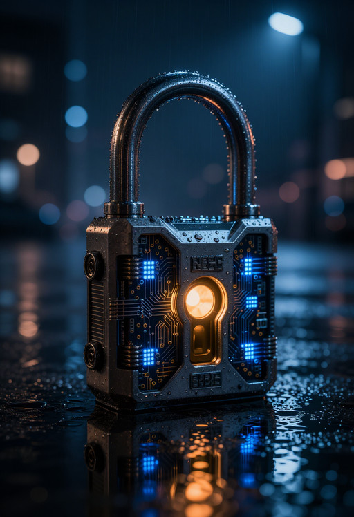 HYFpunk, futuristic cyber security padlock, hyper detailed metallic lock body with integrated circuit board architecture, illuminated electric blue and amber internal glow, rain soaked industrial object portrait, standing alone on reflective wet urban surface at night, atmospheric city blur in distant background, falling rain, emotional urban isolation, symbolic digital protection narrative, centered close-up product composition, low cinematic perspective, single object dominating frame, shallow depth of field with soft background bokeh, cinematic 85mm macro lens look, dramatic overhead cold key light with electric blue environmental spill, warm amber internal side illumination, crisp reflective highlights across wet metal surfaces, deep contrast shadows, cinematic neon realism, emotional urban surrealism, photorealistic wet material rendering, chromatic aberration, dramatic lens bloom, optical distortion, gritty analog texture, high contrast neon color grading, symbolic underground technology aesthetic, exact single object focus, clean geometric symmetry, hyper detailed surface texture, coherent lock structure <lora:ta86_yal_HYFpunk_V1:0.6>