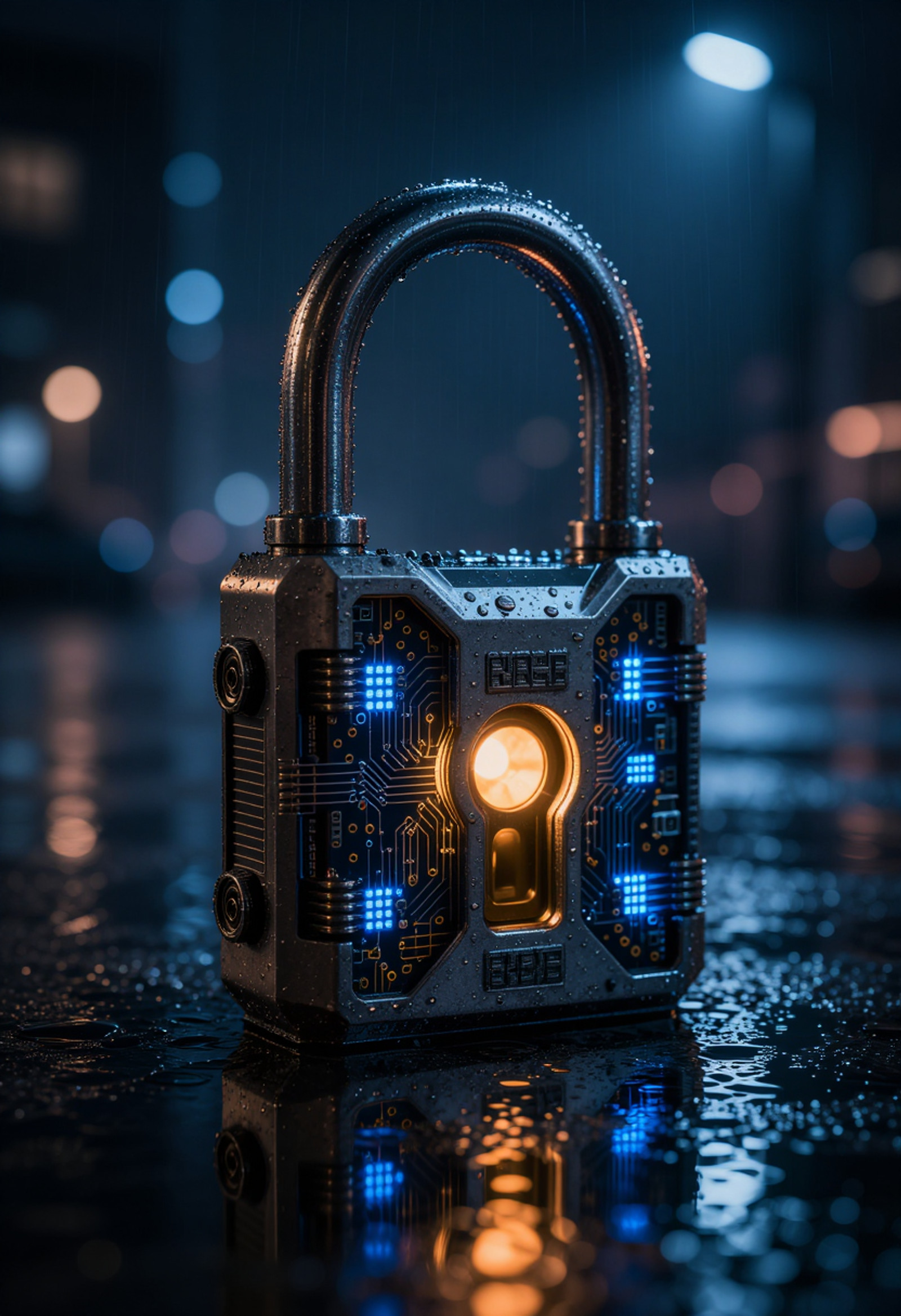 HYFpunk, futuristic cyber security padlock, hyper detailed metallic lock body with integrated circuit board architecture, illuminated electric blue and amber internal glow, rain soaked industrial object portrait, standing alone on reflective wet urban surface at night, atmospheric city blur in distant background, falling rain, emotional urban isolation, symbolic digital protection narrative, centered close-up product composition, low cinematic perspective, single object dominating frame, shallow depth of field with soft background bokeh, cinematic 85mm macro lens look, dramatic overhead cold key light with electric blue environmental spill, warm amber internal side illumination, crisp reflective highlights across wet metal surfaces, deep contrast shadows, cinematic neon realism, emotional urban surrealism, photorealistic wet material rendering, chromatic aberration, dramatic lens bloom, optical distortion, gritty analog texture, high contrast neon color grading, symbolic underground technology aesthetic, exact single object focus, clean geometric symmetry, hyper detailed surface texture, coherent lock structure <lora:ta86_yal_HYFpunk_V1:0.6>