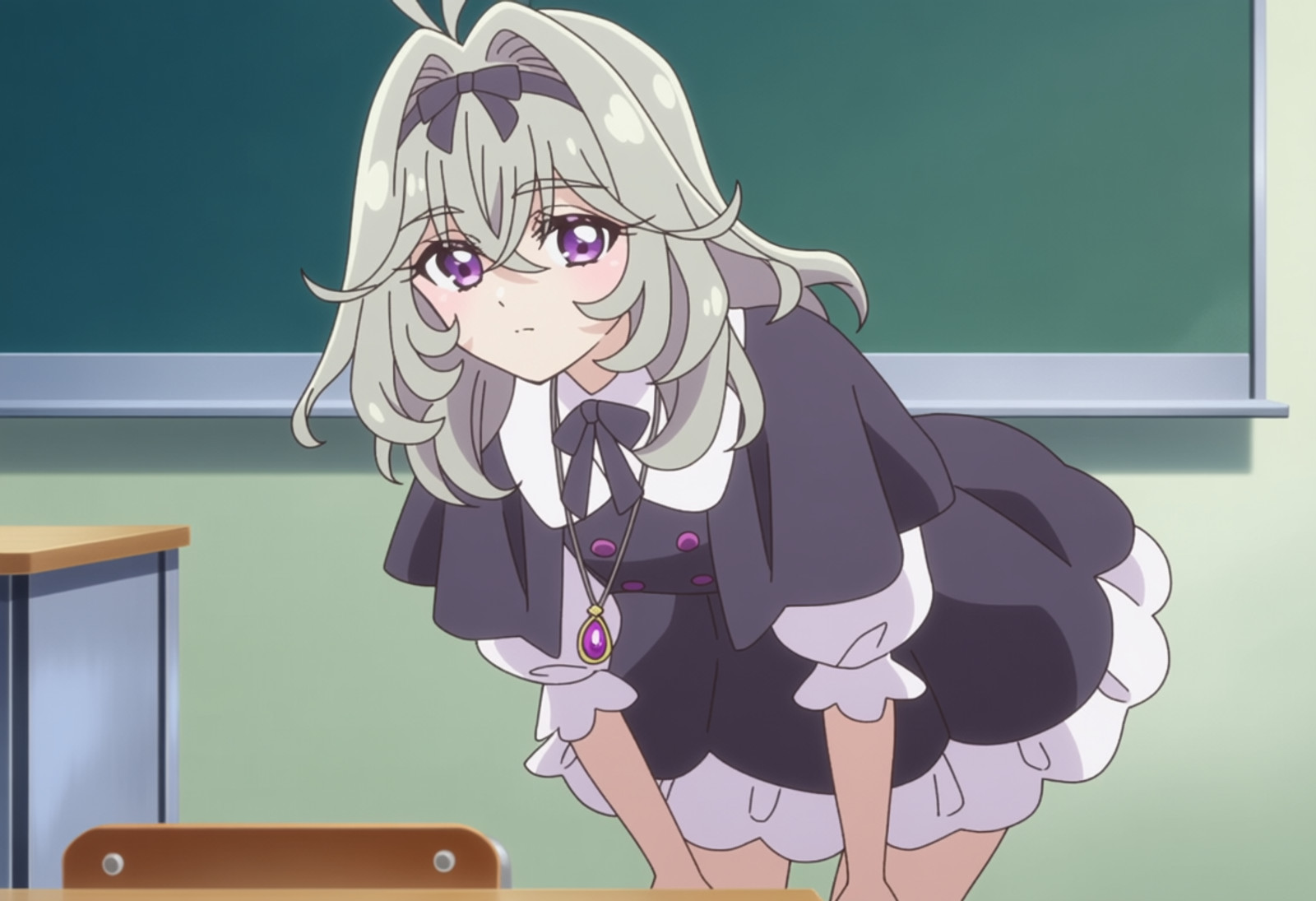masterpiece, best quality, score_7, amazing quality,, cowboy shot, solo, looking at viewer, , <lora:moria-luluka-anime-anima-lora-nochekaiser:1>, moria luluka, long hair, hair between eyes, purple eyes, grey hair, hair bow, medium hair, hair intakes, black hairband, antenna hair, anime screencap, skirt, dress, jewelry, short sleeves, frills, puffy sleeves, necklace, black dress, puffy short sleeves, buttons, capelet, pendant, black capelet, hands on own knees, classroom, chalkboard, chair, desk,