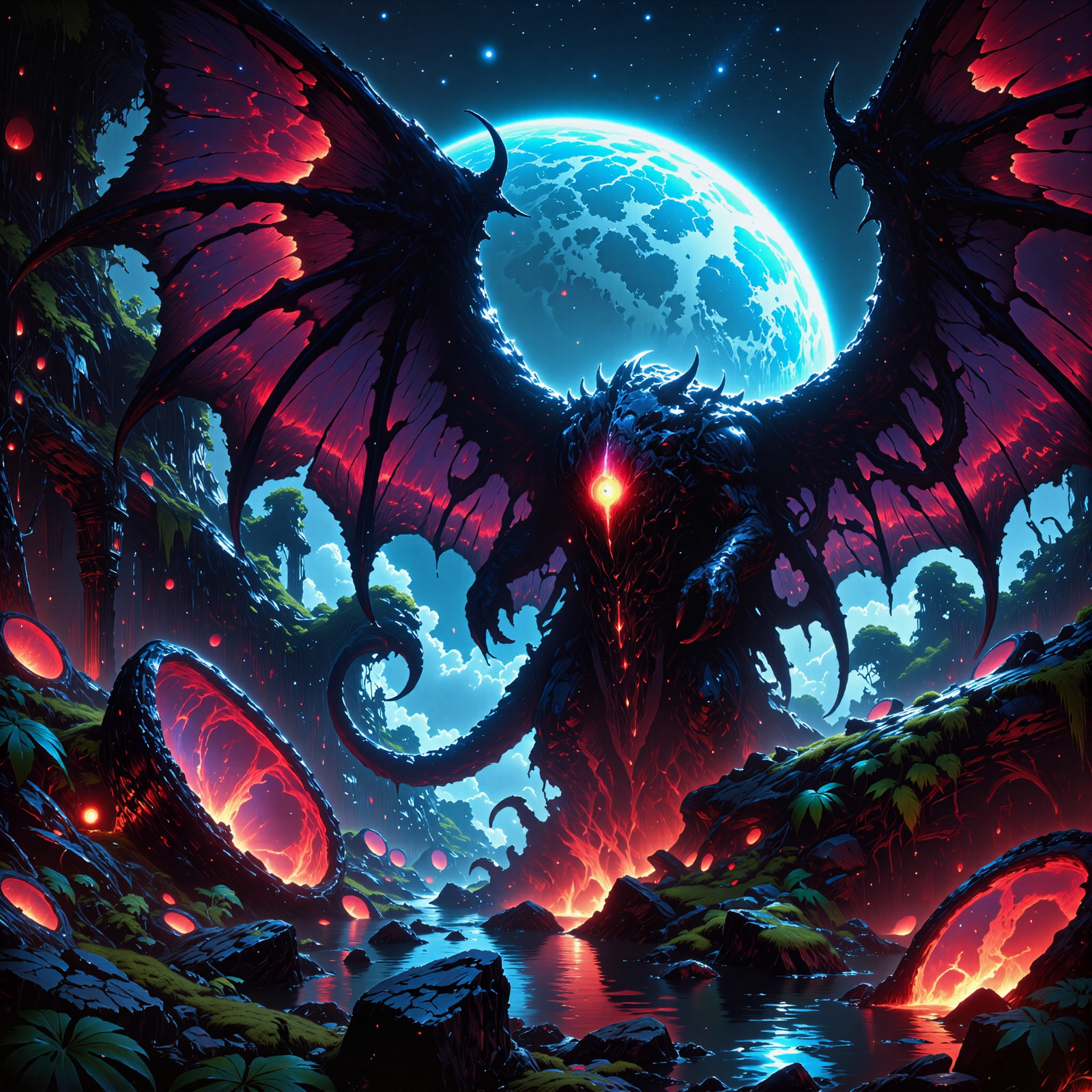 incredible and surreal scenery on a distant world, famous artwork inspired by antonio j. manzanedo and noah bradley, in the heart of the jungle on planet "ickysphere tertius", the "accomplished gronklord" with its shnibbleframy wings and its glowing argleblattered eyes prowls through the shadows, surrounded by the ancient overgrown ruins of the eggerfroggles and the swirling pools of gonzer, creature focus, very aesthetic, extremely detailed, ultra high resolution, 8k, 4k, harmonising colors, night blue and byzantium purple and wine red and eggshell white and viridian, ovg, in the style of ck-ovf, digital illustration, <lora:image_enhancer-flux-by_dever:0.64> <lora:style-oneviolentfantasy-ep21-flux-by_chronoknight:0.64> <lora:epic_gorgeous_details-balance-flux-by_flyway:0.64> <lora:style-moriimee-gothic_niji-flux-by_tentacles_riders:0.8>