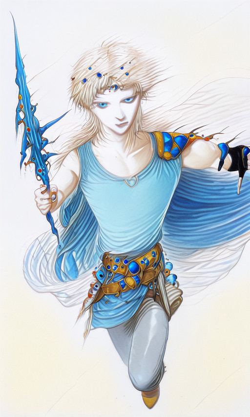 Yoshitaka Amano, abstract, watercolor \(medium\),barklau, 1boy, male focus, solo, blue eyes, white hair, circlet, collarbone, shirt, blue shirt, sleeveless, cape, shoulder armor, gloves, fingerless gloves, single glove, belt, grey pants, pants tucked in, boots,holding weapon,dynamic action <lora:Bartz_Klauser_ILL:0.7> <lora:YOSHITAKA_AMANO_IL:2.1>