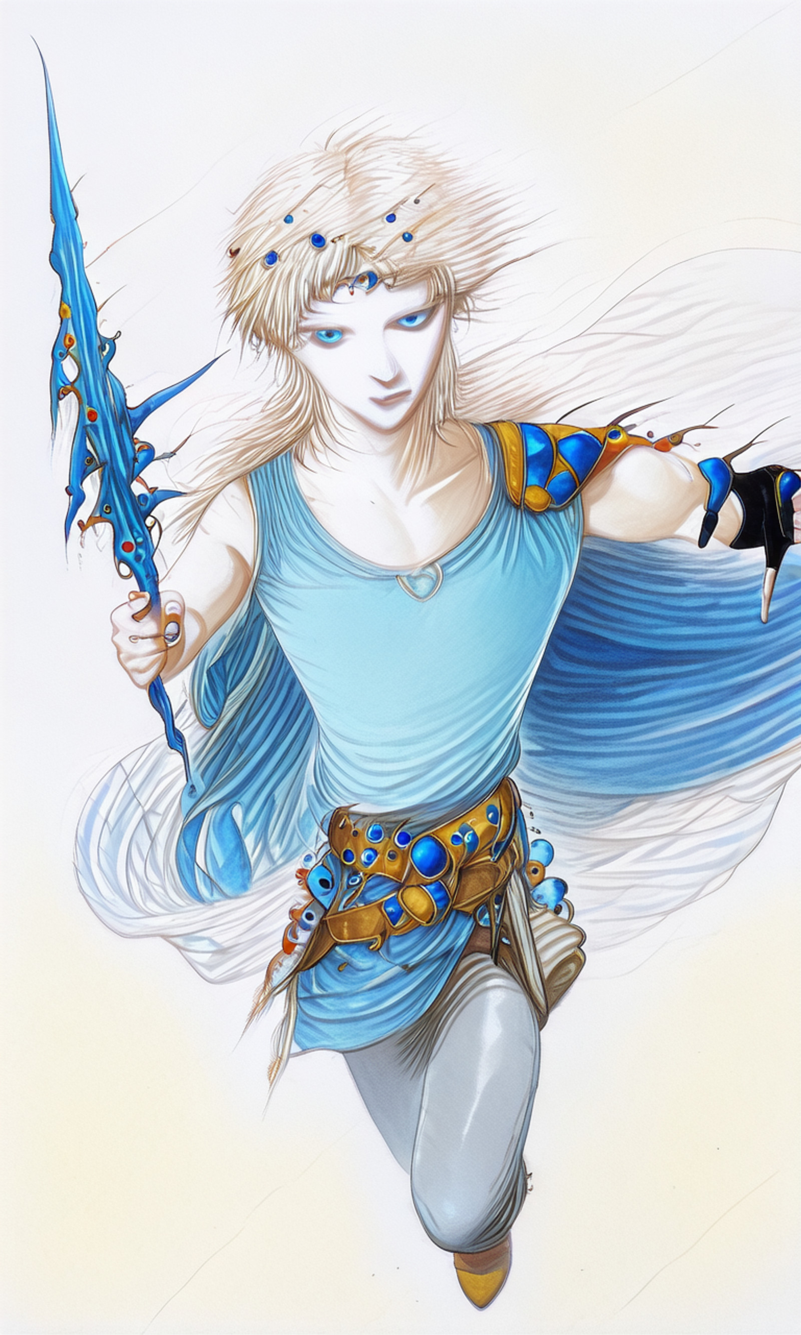 Yoshitaka Amano, abstract, watercolor \(medium\),barklau, 1boy, male focus, solo, blue eyes, white hair, circlet, collarbone, shirt, blue shirt, sleeveless, cape, shoulder armor, gloves, fingerless gloves, single glove, belt, grey pants, pants tucked in, boots,holding weapon,dynamic action <lora:Bartz_Klauser_ILL:0.7> <lora:YOSHITAKA_AMANO_IL:2.1>