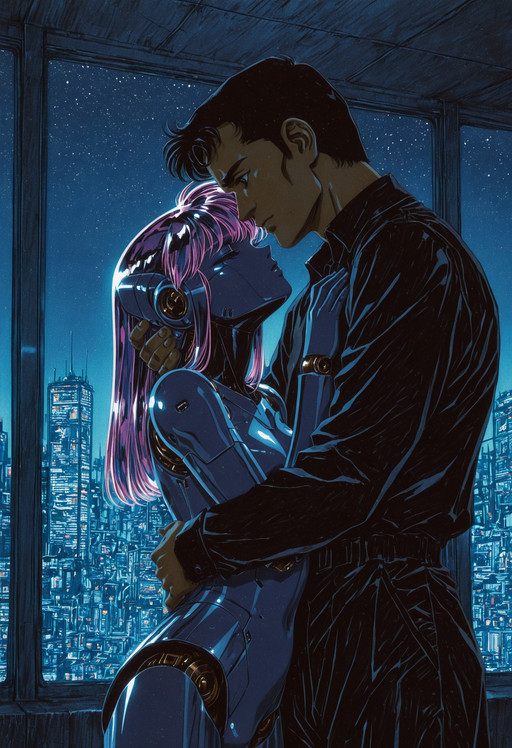 IllusP0s, traditional media, realistic, concept art, science fiction, cowboy shot, cyberpunk, (urushihara satoshi:0.7), (nihei tsutomu:0.7), (1980s \(style\):0.7), noir, 
1girl, 1boy, couple, hand on another's cheek, hug, romantic, 
robot girl, android, mechabare, robot joints, mechanical parts, holographic hair, 
window, cityscape, indoors, night, dim lighting, perspective, HDR,  Nijic6ber,