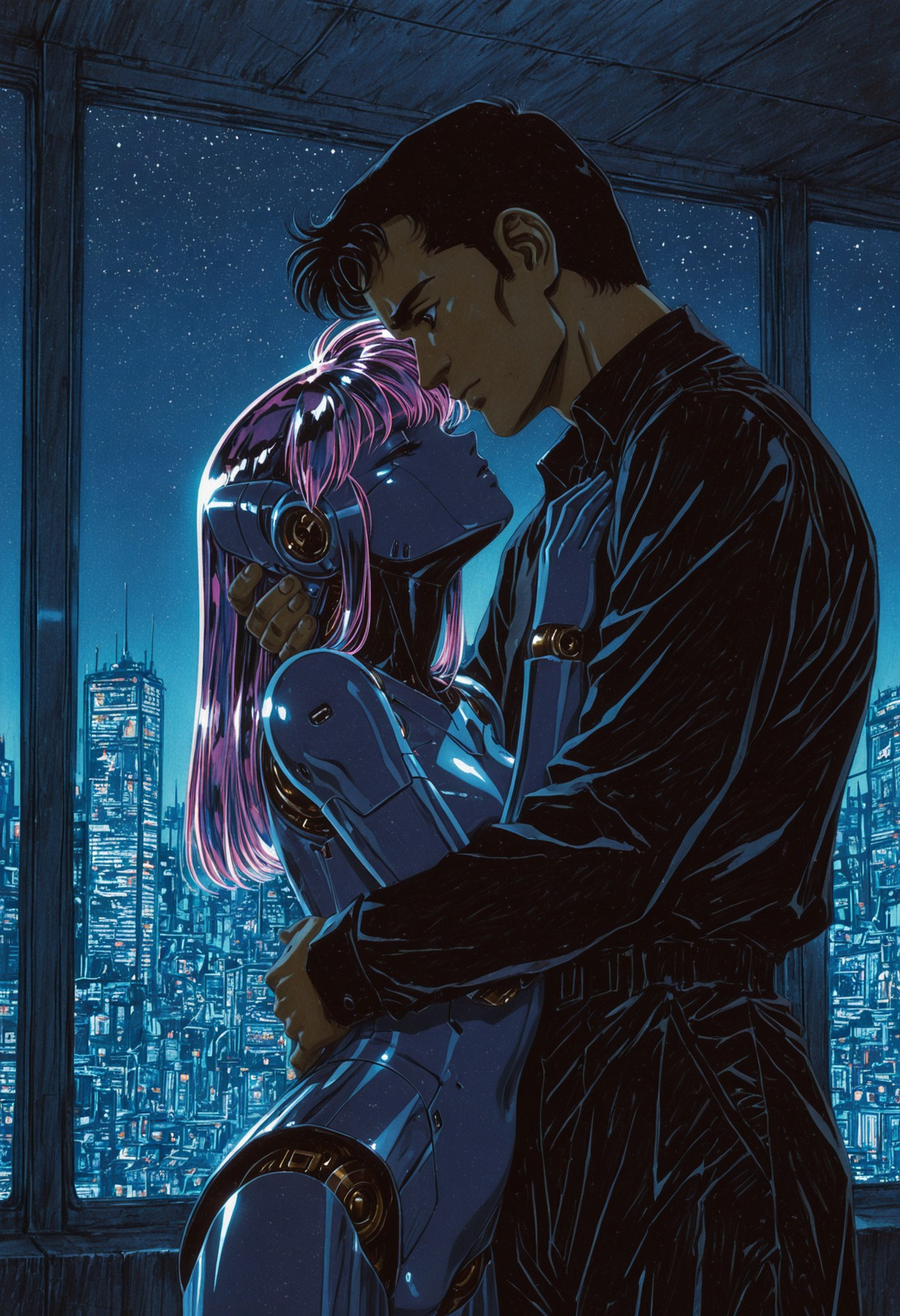IllusP0s, traditional media, realistic, concept art, science fiction, cowboy shot, cyberpunk, (urushihara satoshi:0.7), (nihei tsutomu:0.7), (1980s \(style\):0.7), noir, 
1girl, 1boy, couple, hand on another's cheek, hug, romantic, 
robot girl, android, mechabare, robot joints, mechanical parts, holographic hair, 
window, cityscape, indoors, night, dim lighting, perspective, HDR,  Nijic6ber,