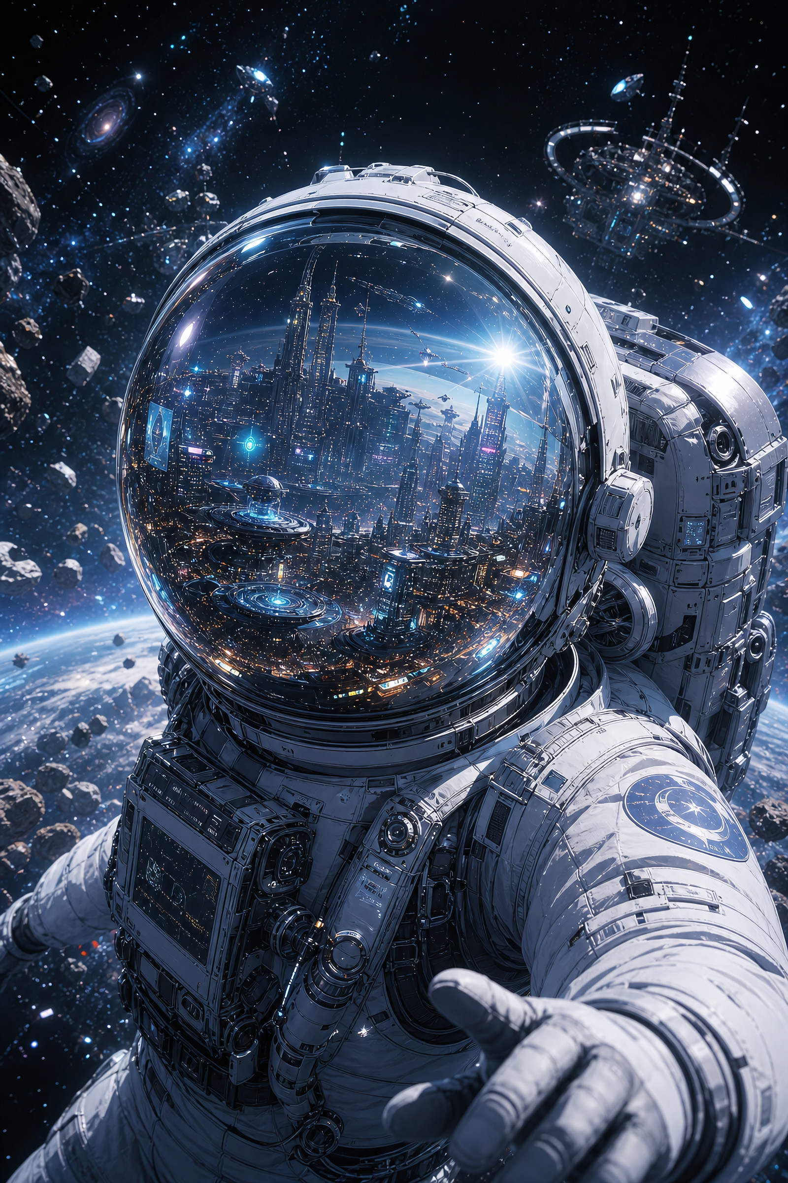 masterpiece, best quality, absurdres, ultra detailed, astronaut drifting through deep space, massive reflective helmet visor containing an entire futuristic cyberpunk megacity inside, city lights and skyscrapers visible through the curved glass, miniature civilization reflected within the helmet, floating asteroids and debris fields, cosmic particles, infinite starfield background, highly detailed NASA-inspired spacesuit, advanced life support systems, cinematic sci-fi storytelling, impossible scale juxtaposition, surreal science fiction masterpiece, Ghibli inspired sense of wonder, Moebius inspired sci-fi imagination, Ghibli inspired lighting, futuristic dreamscape, breathtaking environmental storytelling, cosmic exploration aesthetic,space opera, hard sci-fi fantasy, Ghibli inspired sci-fi, Moebius inspired worldbuilding, Ghibli  inspired lighting, anime key visual, cosmic dreamscape, surreal science fiction, cinematic concept art, retro-futuristic aesthetic, environmental storytelling masterpiece, futuristic wallpaper art, premium sci-fi illustration, imaginative space fantasy, trending on pixiv, award-winning concept art,detailed astronaut suit, reflective glass helmet visor, futuristic life support backpack, mechanical suit components, visible wiring and tubing, advanced control systems, realistic EVA suit details, floating in zero gravity, cityscape visible inside visor reflection, glowing holographic structures, miniature buildings contained within helmet space, intricate visor reflections, realistic glass distortion, highly detailed space equipment, professional astronaut design,deep space backdrop, infinite starfield, floating asteroids, cosmic debris field, drifting metallic fragments, colorful space particles, distant galaxies, nebula glow, orbital structures reflected in visor, atmospheric depth, immersive cosmic environment, stellar dust trails, floating technology remnants, dynamic space composition, endless universe scenery,cinematic sci-fi lighting, reflective visor highlights, HDR illumination, realistic glass reflections, glowing city lights inside helmet, volumetric cosmic glow, atmospheric bloom, stellar light scattering, subtle neon reflections, realistic specular highlights, deep-space contrast lighting, dynamic reflective surfaces,deep cosmic black, vibrant cyan reflections, cool white spacesuit, electric blue city lights, subtle magenta accents, warm golden interior lights, stellar white highlights, futuristic neon palette, balanced sci-fi color grading,sense of cosmic wonder, isolation and discovery, surreal imagination, infinite exploration, dreamlike science fiction, awe-inspiring scale, mysterious universe, contemplative astronaut journey, futuristic optimism, emotional sci-fi storytelling, transcendental exploration mood,lone astronaut explorer, iconic reflective helmet composition, futuristic city hidden inside visor, impossible reality concept, viral sci-fi wallpaper energy, legendary exploration aesthetic, cinematic protagonist presence, dreamcore sci-fi atmosphere, highly shareable concept art, unforgettable visual narrative, cosmic traveler vibe,masterpiece sci-fi artwork, trending space illustration, ultra detailed astronaut design, breathtaking cosmic scenery, highly detailed reflections, cinematic storytelling, premium wallpaper quality, award-winning concept art, dreamlike futuristic aesthetic, immersive sci-fi worldbuilding, legendary visual composition,tiny spacecraft flying inside visor city, floating AI holograms, orbital stations reflected in glass, autonomous repair drones, futuristic satellites, energy trails crossing space, miniature traffic inside visor metropolis, floating holographic advertisements, deep-space anomalies, quantum particles surrounding the astronaut,masterpiece, best quality, absurdres, ultra detailed, razor sharp focus, intricate details, perfect composition, cinematic perspective, HDR rendering, realistic reflections, detailed glass effects, professional illustration, atmospheric depth, stunning visual clarity, award-winning artwork, beautiful rendering