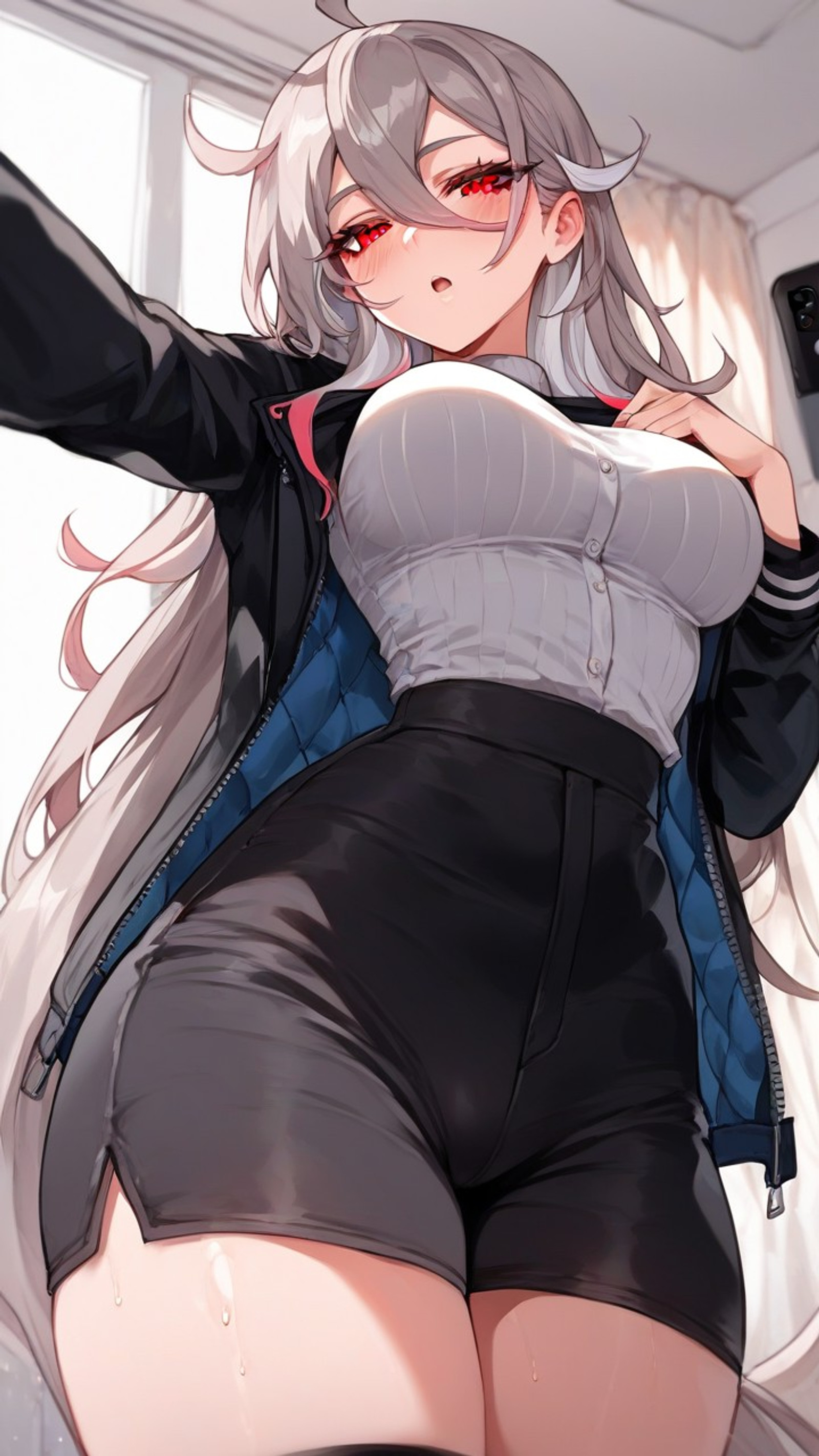 score_9, score_8_up, score_7_up, score_6_up, 1girl, hd, extremely detailed, ahoge, pov, slim waist, wide hips, light gray hair, very long straight hair, hair between eyes, red eyes, long hair, matured, hd, very highly detailed, intricate details, intricate designs, intricate lines, good anatomy, matured, good human Physiology, long hair, big boobs, long hair, big breasts, milf, aroused, thick, seductive, opened mouth, black booty sports shorts, white bolero, black top, cut out hips, bare side hips, light gray colored hair, black thigh socks, thick thighs, bottom shot view, selfie