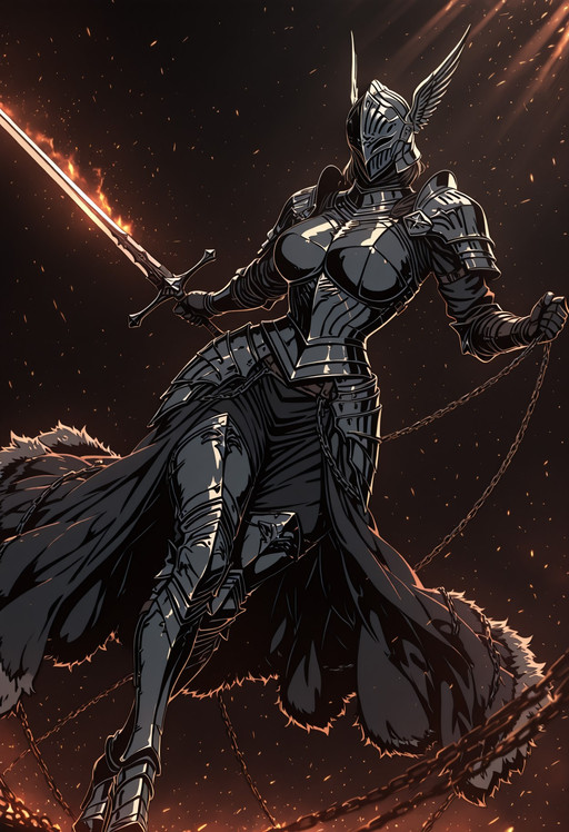 (masterpiece, best quality, 8k, ultra-detailed, high resolution, dramatic lighting, cinematic lighting, depth of field, lineweight, dark_art_style),
(Flat color:2),
(mature female, solo, mask helmet, winged helmet, knight),
(White background, simple background, visual effects, energy, particles, embers),
(Curvy, narrow waist),
(Dynamic pose, dynamic angle, knight armor, warlord, fur, heavy armor, armor plates, standing, wrapped chains, holding battle sword, action, combat stance, heels),
