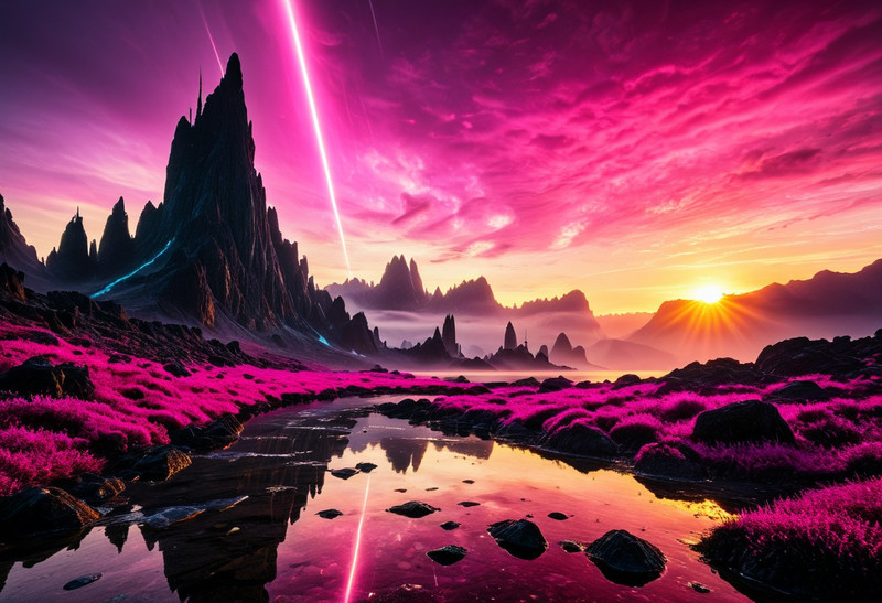 inspired by Stephan Martiniere, masterpiece,Ultra-detailed alien landscape at sunrise with a surreal magenta a