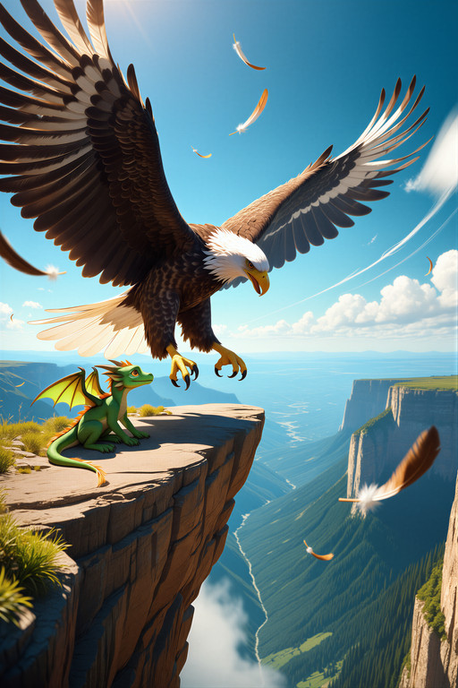 , masterpiece, best quality, highres, score_7, score_8, score_9, realistic, safe,
anthro, furry, original characters,
(female eagle anthro:1.3), eagle wings spread wide, golden brown feathers, fierce amber eyes, bird anthro,
(adult small emerald green dragon:1.3), small dragon, clumsy dragon, awkward small wings spread, nervous expression,
both at cliff edge, eagle demonstrating flight, dragon gathering courage,
dynamic interaction, encouraging gesture from eagle, nervous pose from dragon,
wide three-quarter shot, sense of great height,
dramatic windswept cliff edge, vast open sky, distant mountain range far below,
(wind whipping feathers and dragon spines:1.2), dynamic wind effect, motion blur on feathers,
(bright sky blue and forest green:1.3), vivid daytime sky, fresh adventure lighting,
rim light from open sky, subsurface scattering,
detailed feathers and scales textures, realistic textures, sharp focus,
depth of field, volumetric sky light, dynamic thrilling adventure atmosphere.
A fearless eagle flight instructor spreads her magnificent wings wide at a cliff edge while a small clumsy emerald dragon beside her nervously stretches its own tiny wings, the vast open sky and distant mountains calling them both forward.,