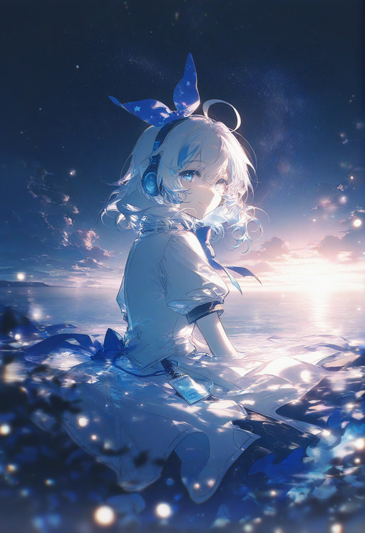 solo, 1girl, shizuku vtuber, outdoors, masterpiece, white dress, smile, medium hair, blue eyes, white hair, ahoge, streaked hair, blue hair, looking back, leaned forward, looking at viewer, sitting, short sleeves, headphones, blue bow, bowtie, hair bow, upper body, hairband, ribbon, outdoors, night, moonlight, star print pattern, star pattern, star, starry sky, cloudy sky, cloud, scenery, night,light particles,light and shadow,overexposure,contour deepening,lens flare,depth of field, (very vibrant colors:0.8), very high contrast, sketch, vivid colors, (saturated:1.0), colorful, very high colorfulness, deep blue hues, submerged, pressure, cold atmosphere, dark atmosphere, rella, konya karasue, view finder, scratch art, color tracing, <lora:shizuku_vt-000027:0.8>, <lora:CC_train_nb11-xl-000028:1>, masterpiece,best quality,amazing quality,very aesthetic,absurdres,newest,