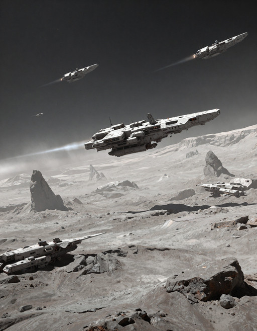 <lora:SW_Transportv1_zit:1> z1os. SPAC1. Spaceships over a desolated planet surface, ash and rocks, without atmosphere. Exhaust trail.