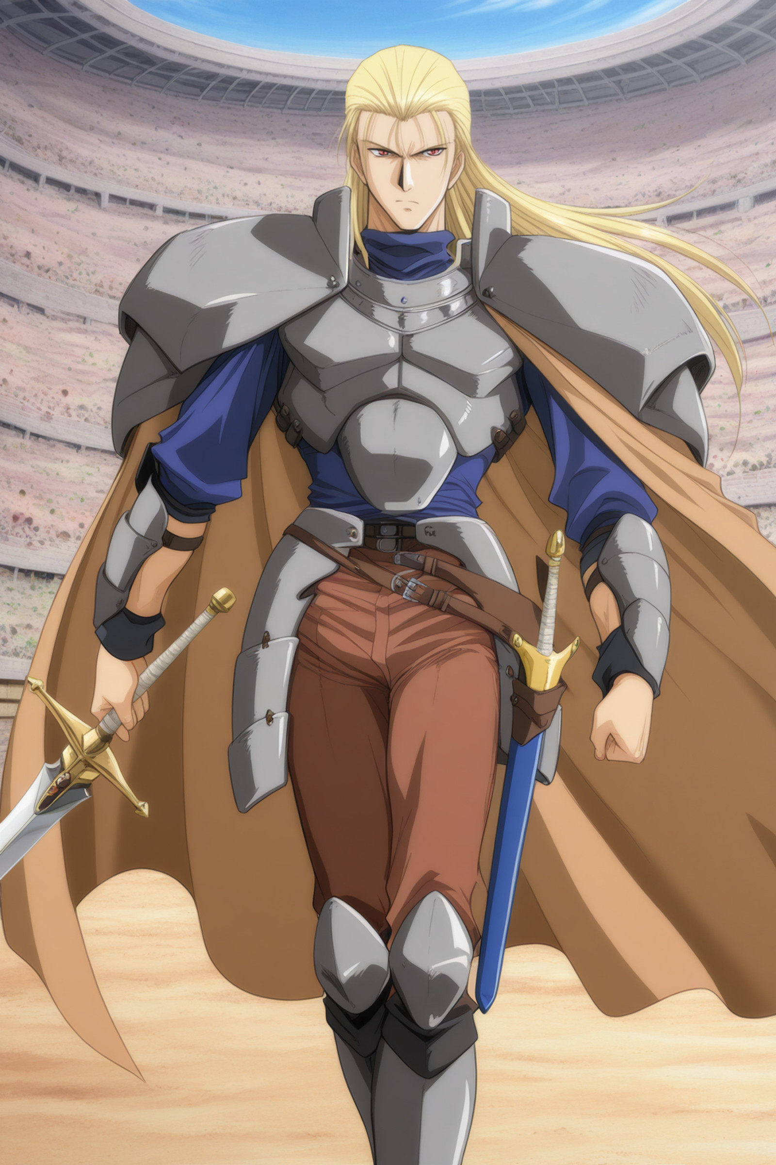 masterpiece,best quality,amazing quality,izyi Fortuna,game cg,Johnston,1boy,solo,armor,blonde hair,long hair,red eyes,grey armor,shoulder armor,pauldrons,breastplate,brown cape,belt,waist armor,brown pants,armor boots,weapon,sword,holding weapon,holding,male focus,day,sky,outdoors,solo focus,serious,looking at viewer,close up,arena,<lora:izyi Fortuna_v1.0-000011:1>,