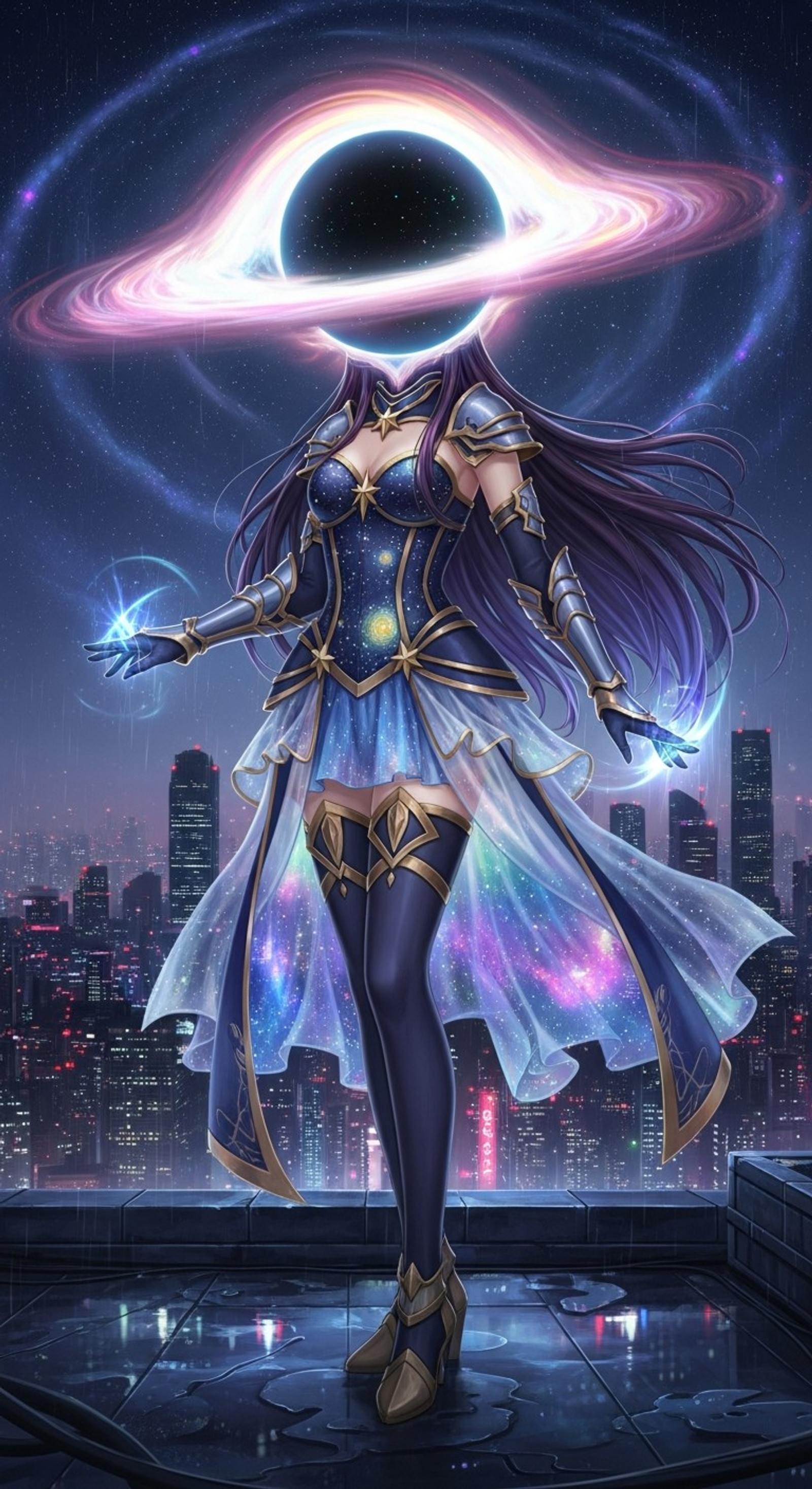 Photo of a magical with a black hole instead of her head. Space.  She is wearing fantasy costume. She stands on the roof. Dark city background. Detailed modern anime art style. 