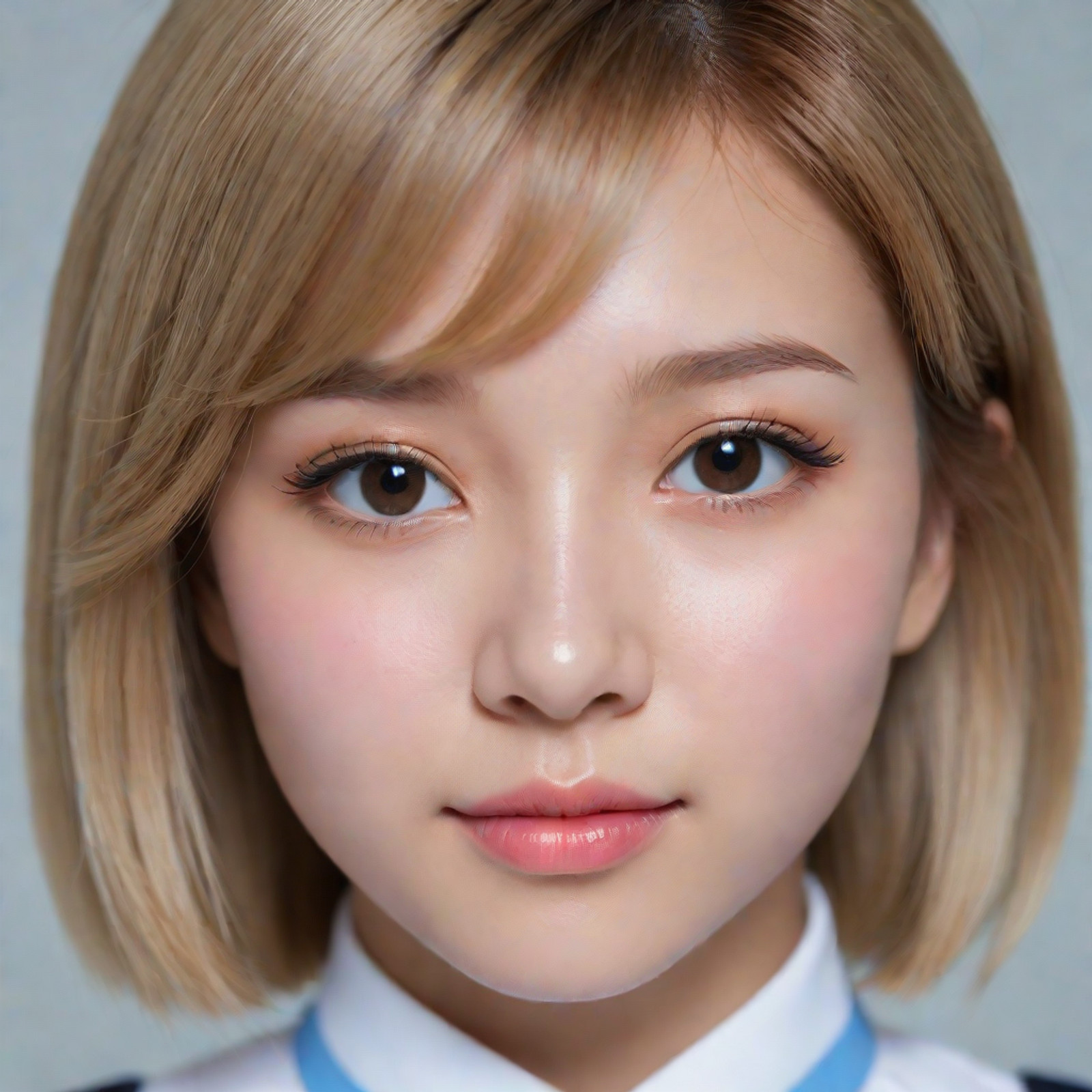 **Character Focus & Shot:**
(Close-up portrait of a doll-like K-pop idol:1.4), (innocent and delicate beauty), (clean, icy aesthetic:1.3), (masterpiece), (best quality).

**Facial Features:**
(Small, symmetrical, soft rounded face), (clear, ethereal complexion), subtle dimples when smiling (optional).
**Eyes:** (Large, round, innocent dark eyes), light brown contacts (optional), featuring (soft, puppy-liner style eyeliner), light *aegyo sal*.
**Nose & Lips:** (Small, gentle nose), (soft, diffused pink "gradient lips").
**Expression:** (Sweet and slightly shy gaze), (gentle, warm smile).

**Hair & Makeup:**
(Short, layered, light ash blonde/brown hair) or a short bob, often with thin bangs.
**Makeup:** Light, delicate eye makeup, focus on blush placement high on the cheeks.

**Attire & Lighting:**
Wearing a (white or light blue futuristic uniform). (Icy blue and white ambient lighting), soft focus, clean white background, high detail.